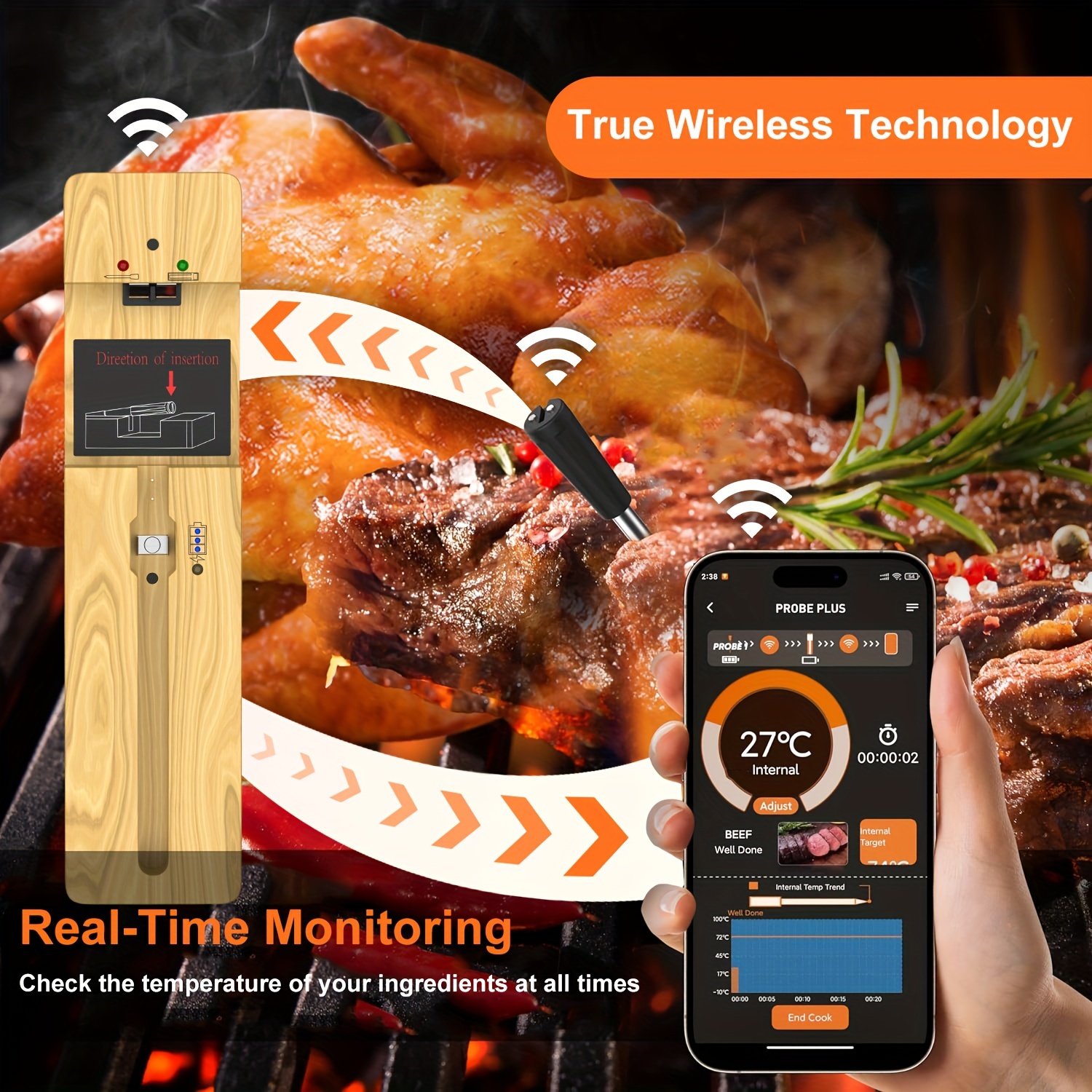 

Plus - Long Range Digital Meat Thermometer With Probe For Cooking/grilling, 2024 Latest Styles Electric Waterproof Food Thermometer With Ios/android Instant Read App For Air Fryer/bbq/oven