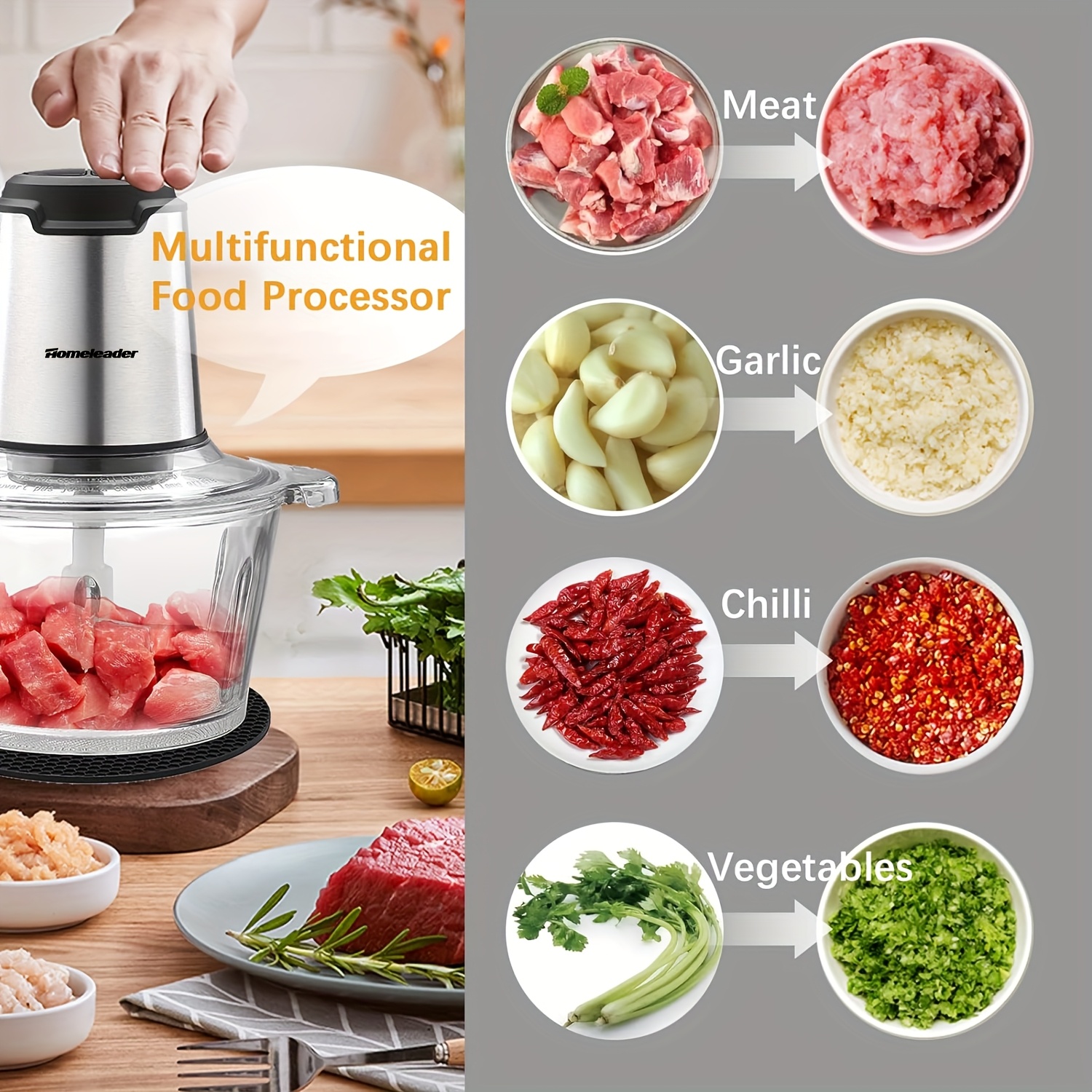   electric food processor chopper 4 stainless steel blades single bowl multifunctional for meat vegetables fruits nuts   easy clean effortless meal   gadget Product details 9