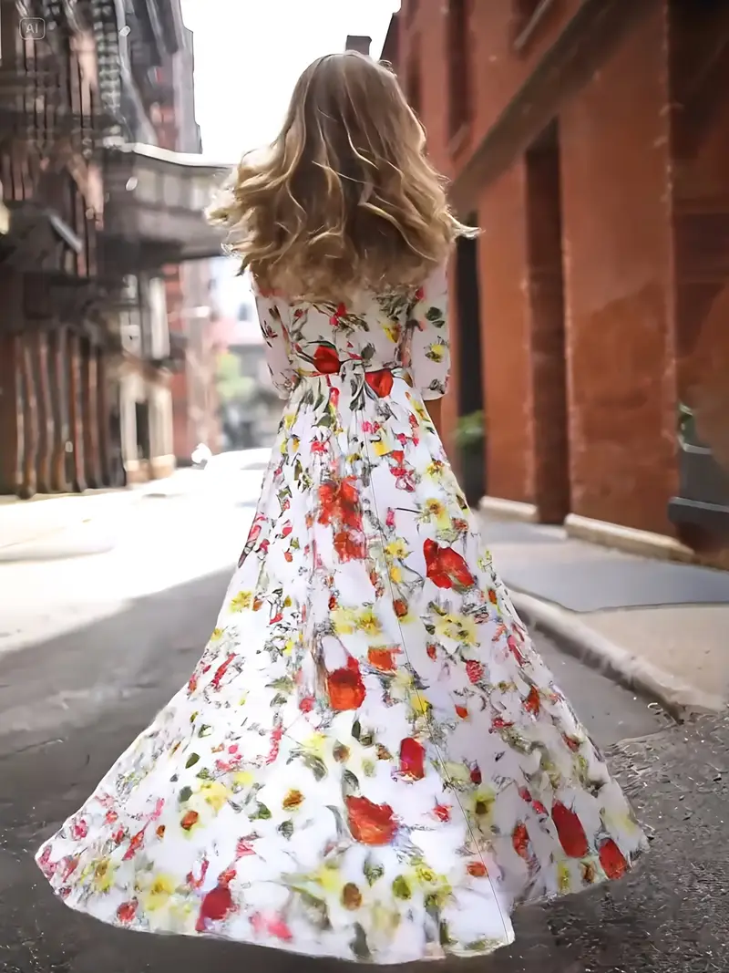 elegant floral maxi dress with hem spring summer dress round neck lightweight fabric adult women dress floral print dress lightweight fabric Product details 4