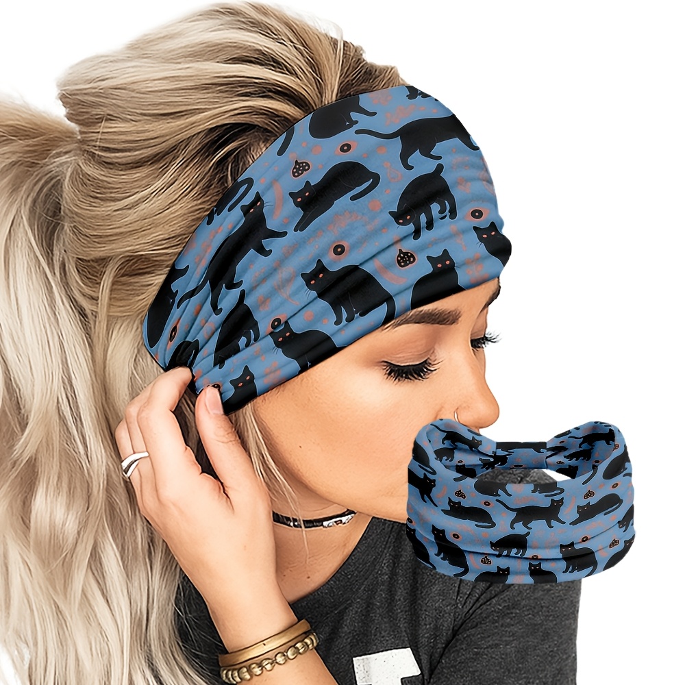 TEMU 2d Flat, 1 Black Cat Pattern Elastic Wide Hairband, Using Breathable And Sweat-absorbing, Soft Knotted Head Style Unisex, Suitable For Yoga,