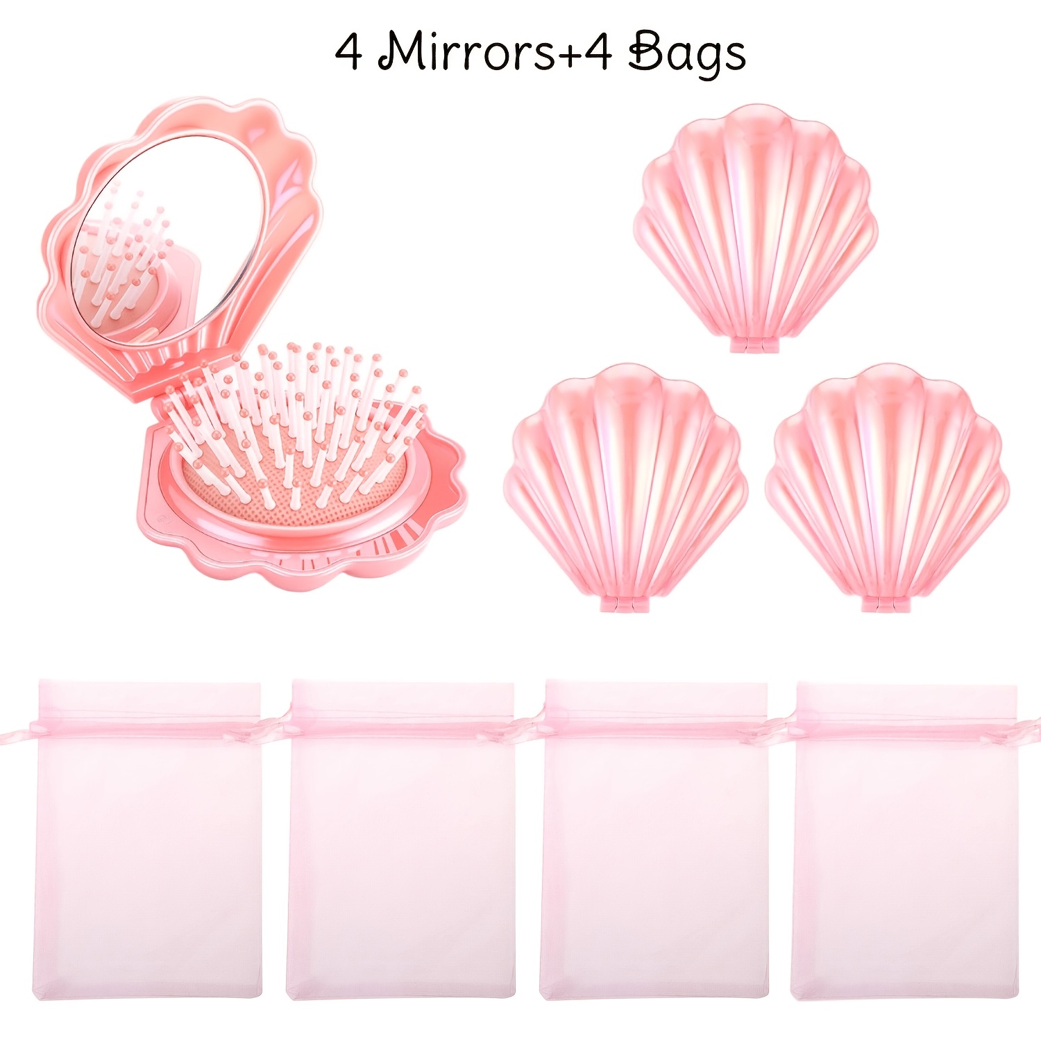 TEMU 8pcs Set (4pcs Mirrors And 4pcs Pouches) | Mermaid Party Foldable Shell Hairbrush With Mirror, With Bag, Mini Travel Pocket Compact Hairbrush