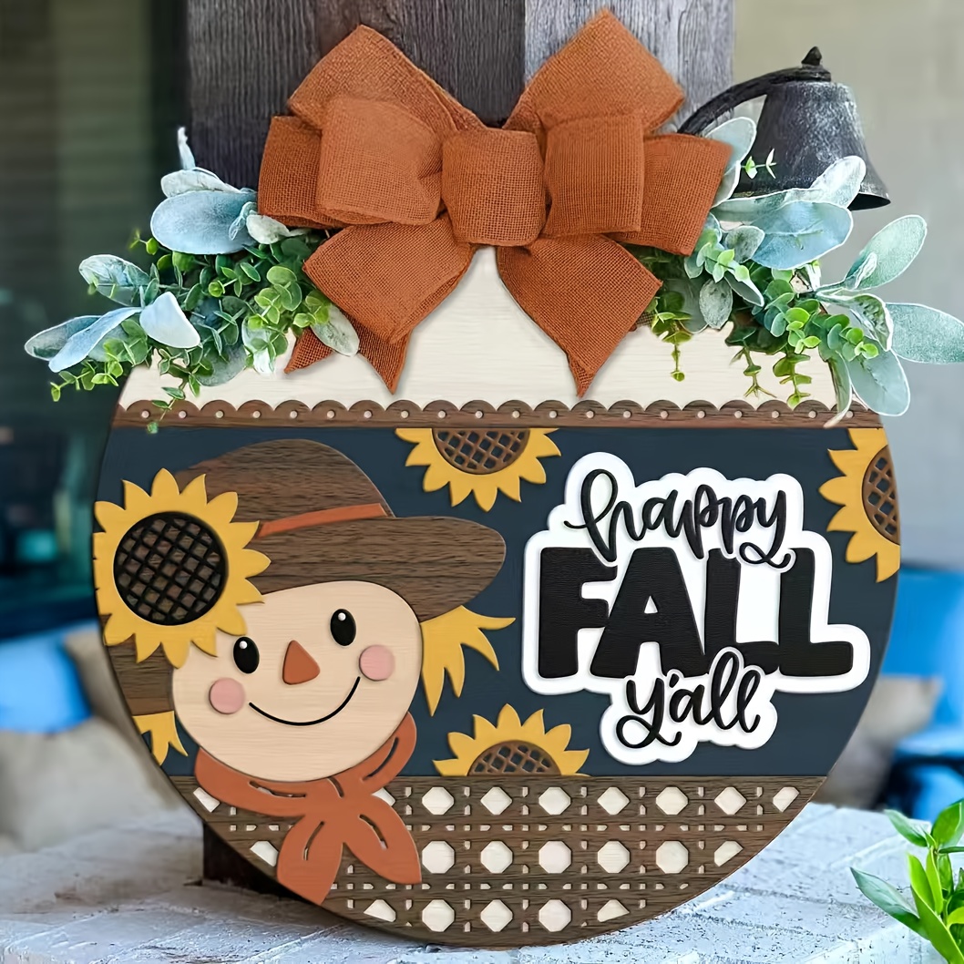 TEMU Happy Fall Y’all 3d Rustic Wood Door Hanger Sign With Sunflower & - Round Farmhouse Fall Decor For Porch, Thanksgiving, Halloween - No