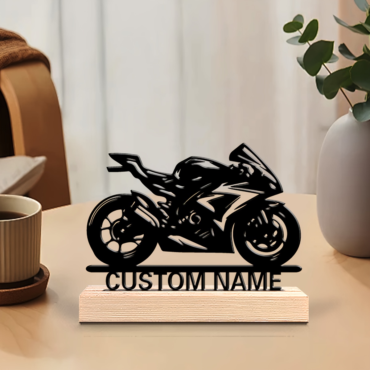 TEMU 1 Personalized Motorcycle Metal Sculpture - Custom Name/text, Minimalist Black Outline Design, Sturdy Metal Structure With Stable Wooden Base -