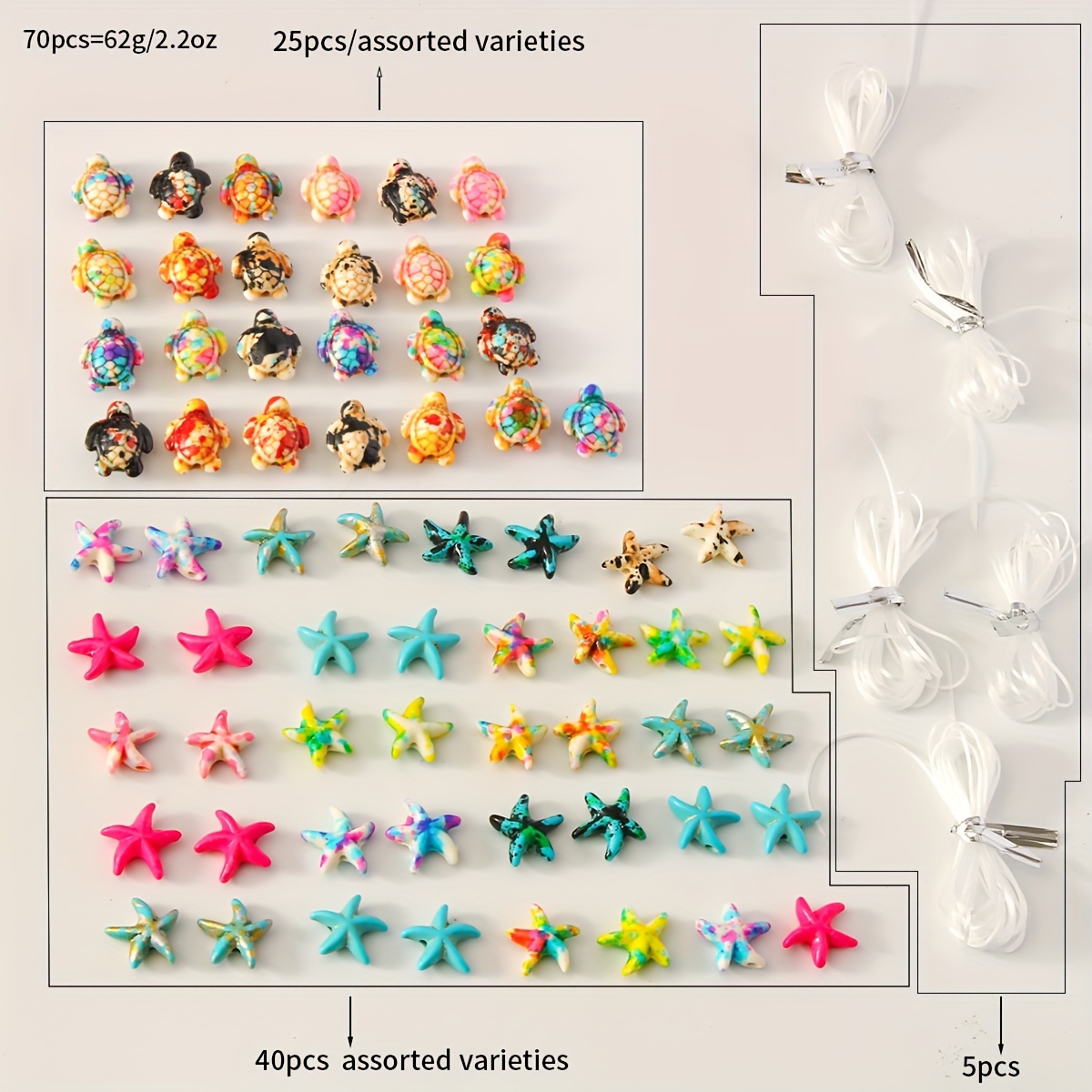 TEMU 70pcs Ocean Theme Diy Beading Charms Set - Assorted Sea , Starfish, Handmade Jewelry & Craft Supplies With 5 Rolls Of Cord For Making Bracelets, Necklaces, Anklets