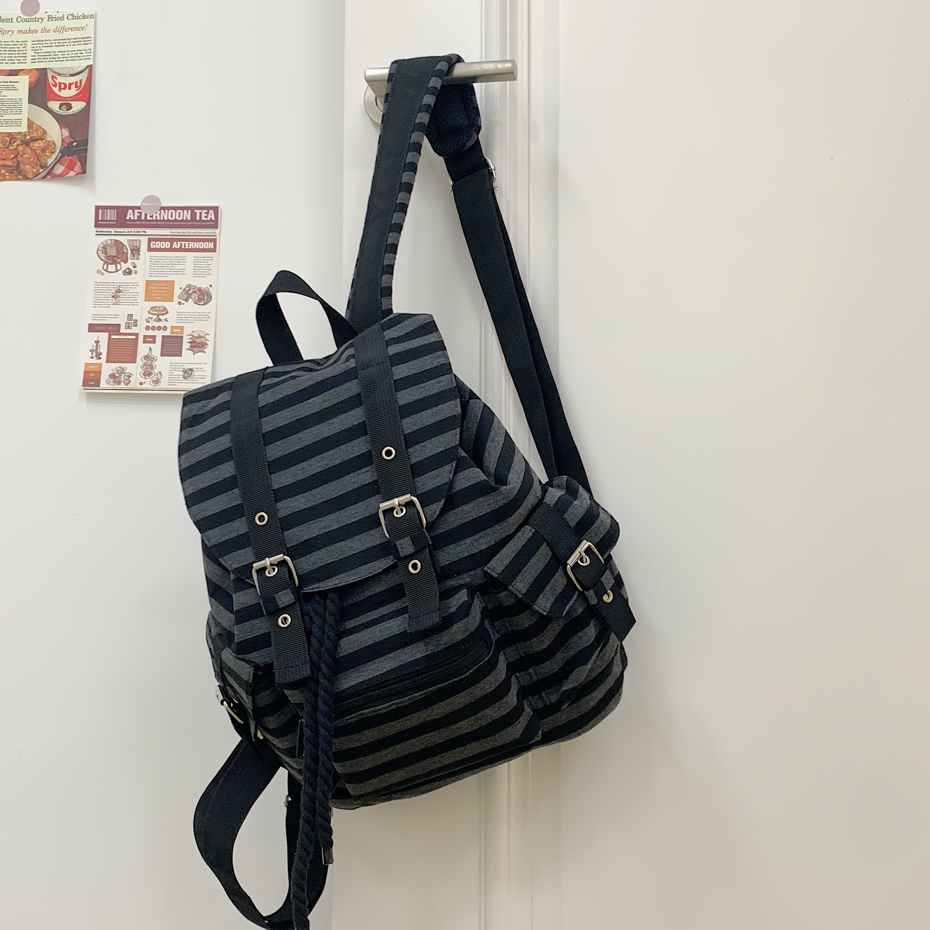 TEMU Women's Vintage Striped Nylon Backpack - Large Capacity School Bookbag With Multi-pocket Organization, Anti-theft Compartment & Drawstring