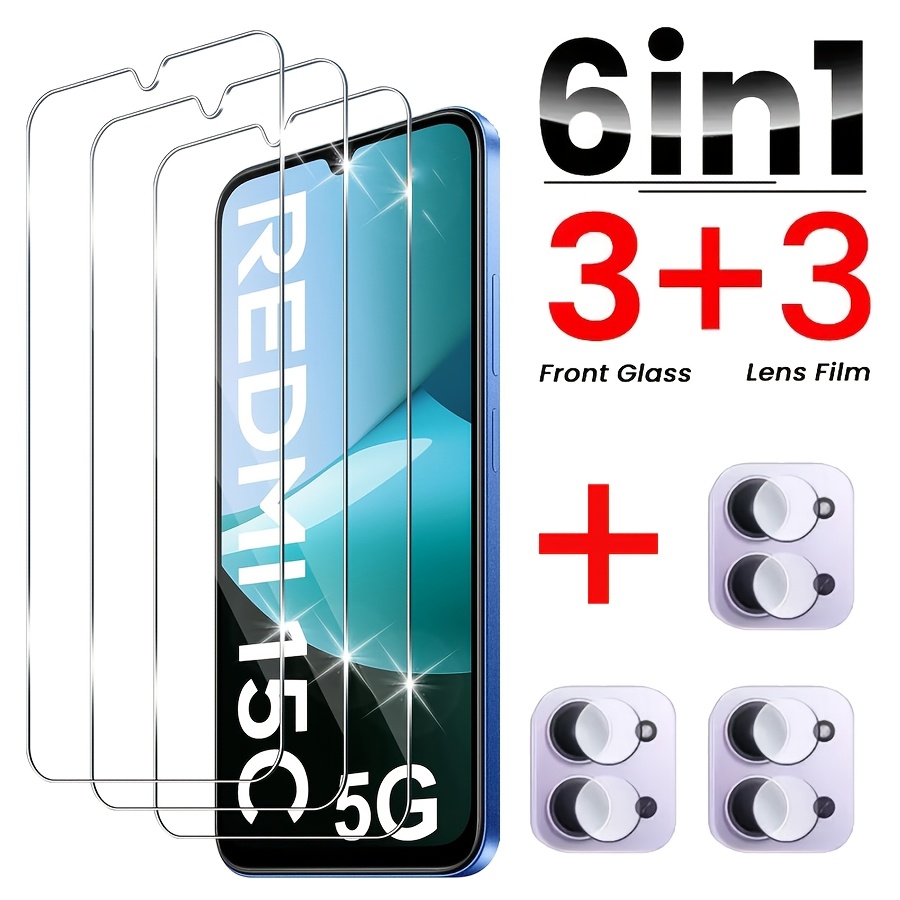 TEMU 6in1 3pcs Clear Tempered Glass + 3pcs Camera Lens Film For Xiaomi Redmi 15c Screen Protector Film Glass