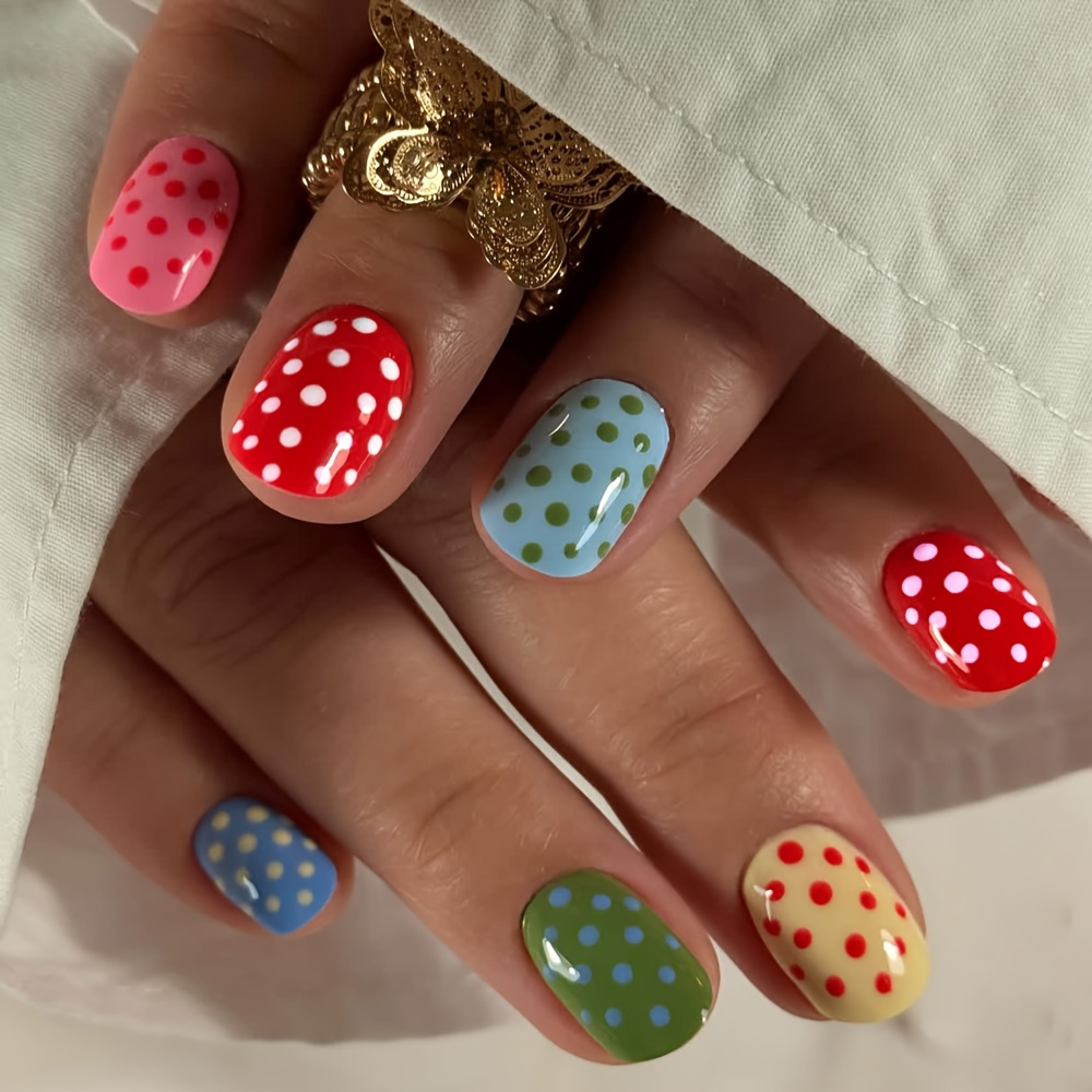 TEMU New Short Square Macaroon Colorful Polka Dot Retro Wearable Nails, -blocking Polka Dot Manicure, Detachable And Reusable