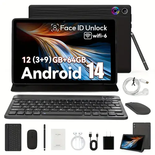 android 14 2 in 1 device 10 1 hd 1280x800 display core 10gb 64gb internal storage 1tb tf expandable 5000mah lithium polymer battery dual cameras with led ring wi fi bundle with headphones wireless mouse keyboard stylus case