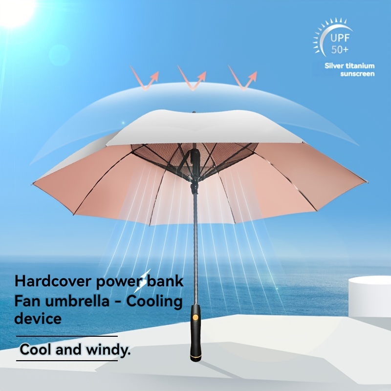 Fashion Stick Umbrella with Cooling Fan - UPF 50+ Sun Protection, Manual Open, 8-Rib Structure, 210T Pongee Fabric, Aluminum Alloy Handle & Ribs, UV-Armour Titanium Silver Coating for UVA/UVB Block