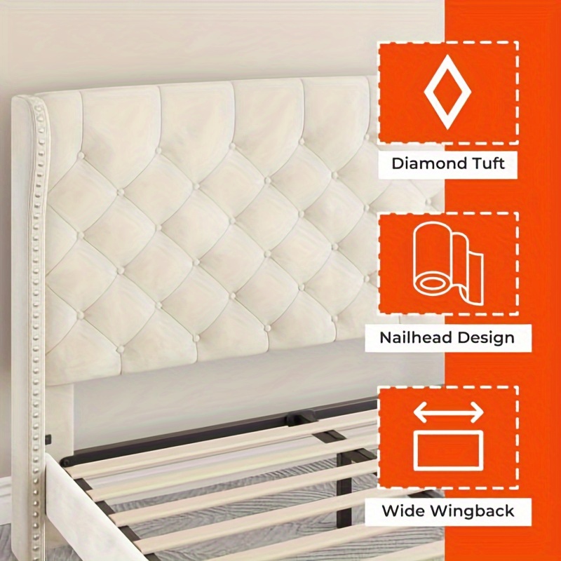 

Bed Frame Queen Size, Platform Bed With Velvet Headboard & Footboard, Wingback Upholstered Bed Frame Mattress Foundation, No Box Spring Needed, Beige