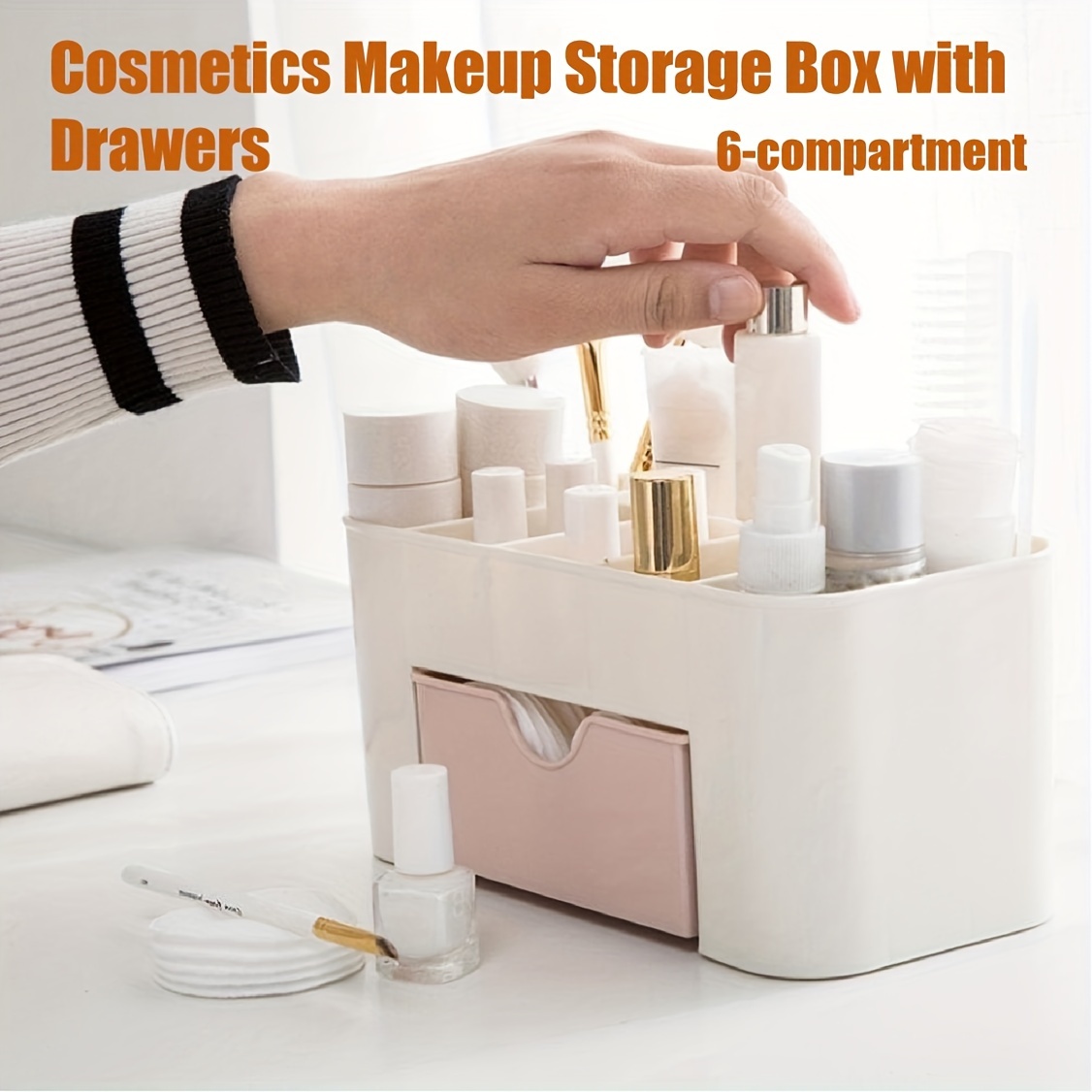 TEMU Makeup Desk Cosmetic Storage Box Organizer Drawers For Dressing Table Countertop, Bathroom , Elegant Brushes, Eyeshadow, & Polish Container