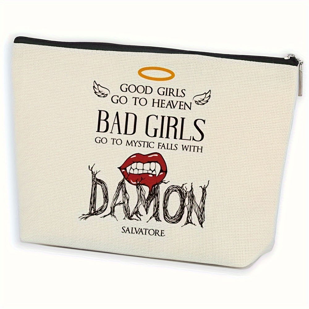 

Horror Movie Themed Makeup Bag: ' Go To Heaven, Bad Girls To Mystic Falls With Da-mon' - Women's Cosmetic Bag With Canvas Material And No Odor