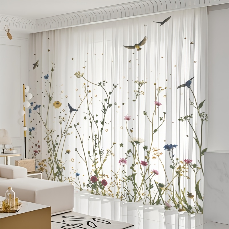 TEMU 2pcs Semi-transparent Sheer Curtains, Curtain Panels With And Bird Print, Modern Home Decor Artistic Window Drapes, Suitable For , Machine