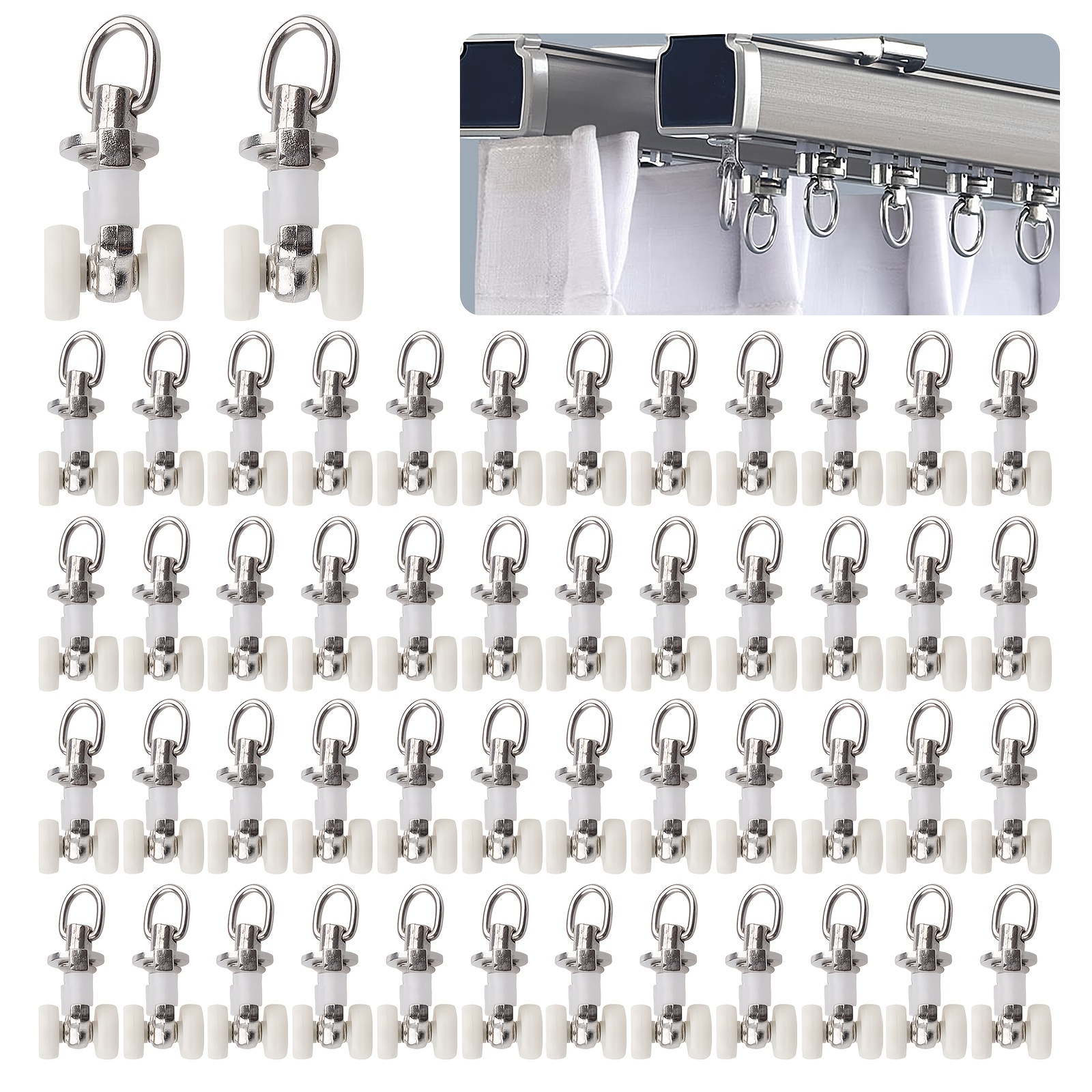 Image of 50 Curtain Track Glider Rollers Curtain Silent Pulley Wheel Rollers Hooks Ball Bearing Runners Sliders