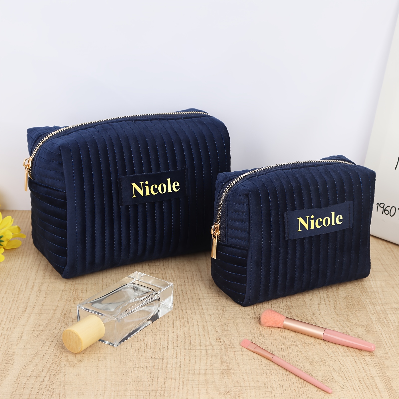 TEMU Customized Personalized Name Cosmetic Bag, Velvet Cosmetic Storage Bag Zipper Bag, Wedding Gift, Travel Cosmetic Bag Multifunctional Toiletry