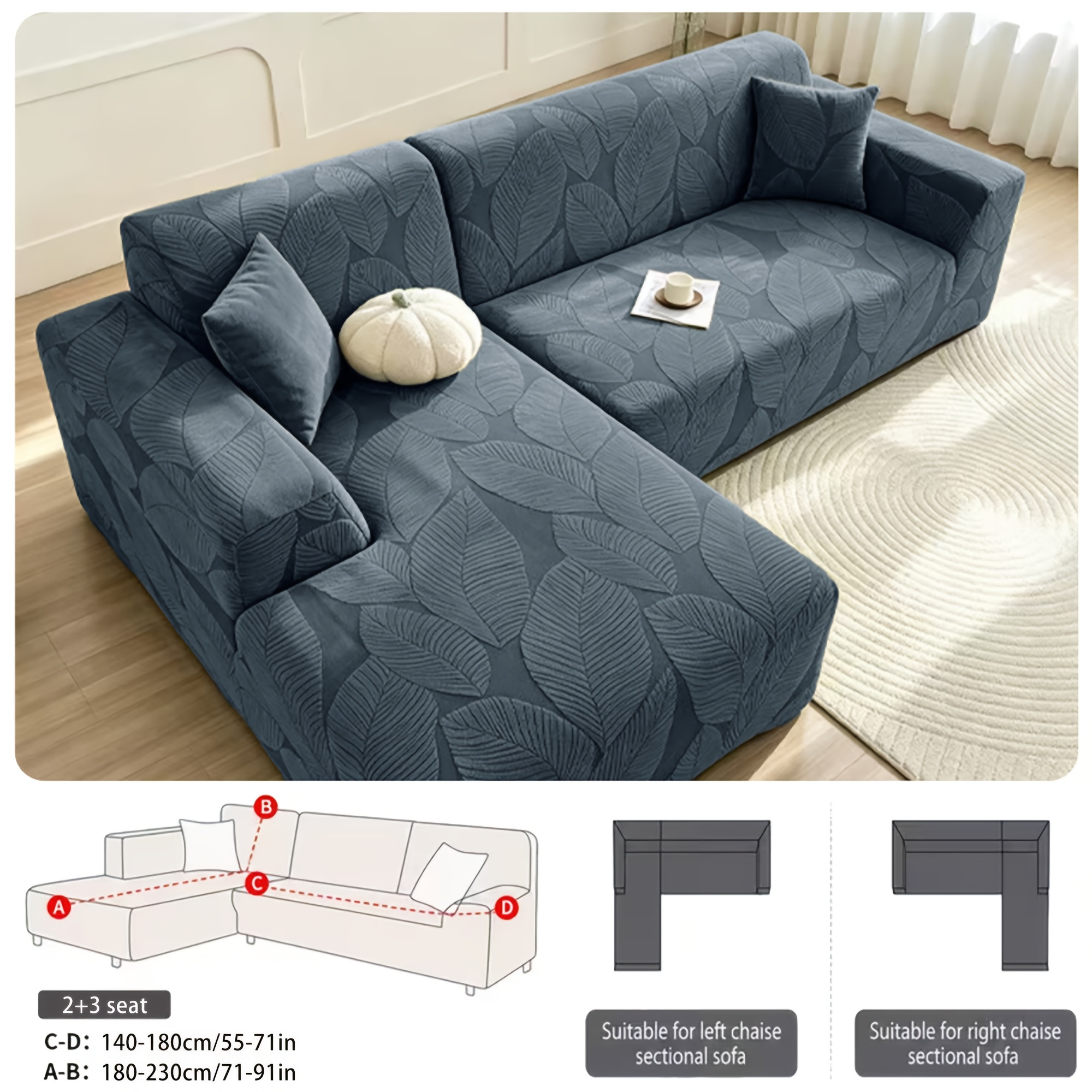 TEMU Juego de 2 fundas de sofá elásticas de cobertura total con estampado de hojas, para sofá chaise longue de L