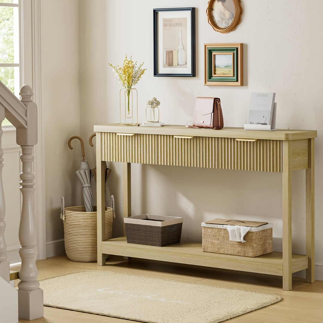 51 IN Fluted Console Table with 3 Drawers, Modern Entryway Table with Metal Handles, Sturdy Solid Wood Design, Hallway Table with Storage, for Living Room And Hallway