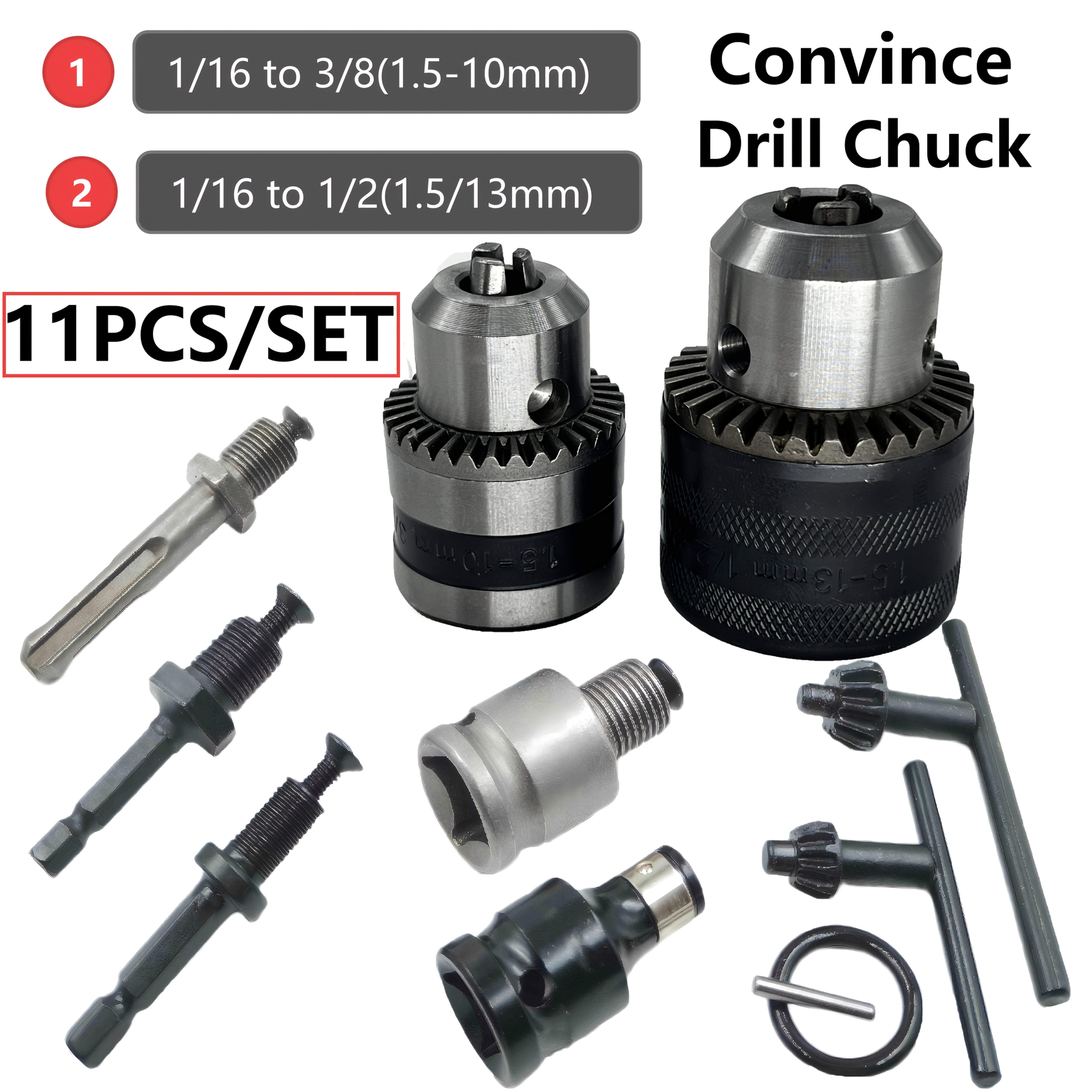 TEMU 11pcs/set Drill Chuck Set, Including 2 Different Models Of Drill , The Clamping Range Of Chuck .5-10mm/13mm, Equipped With Wrench, Connecting