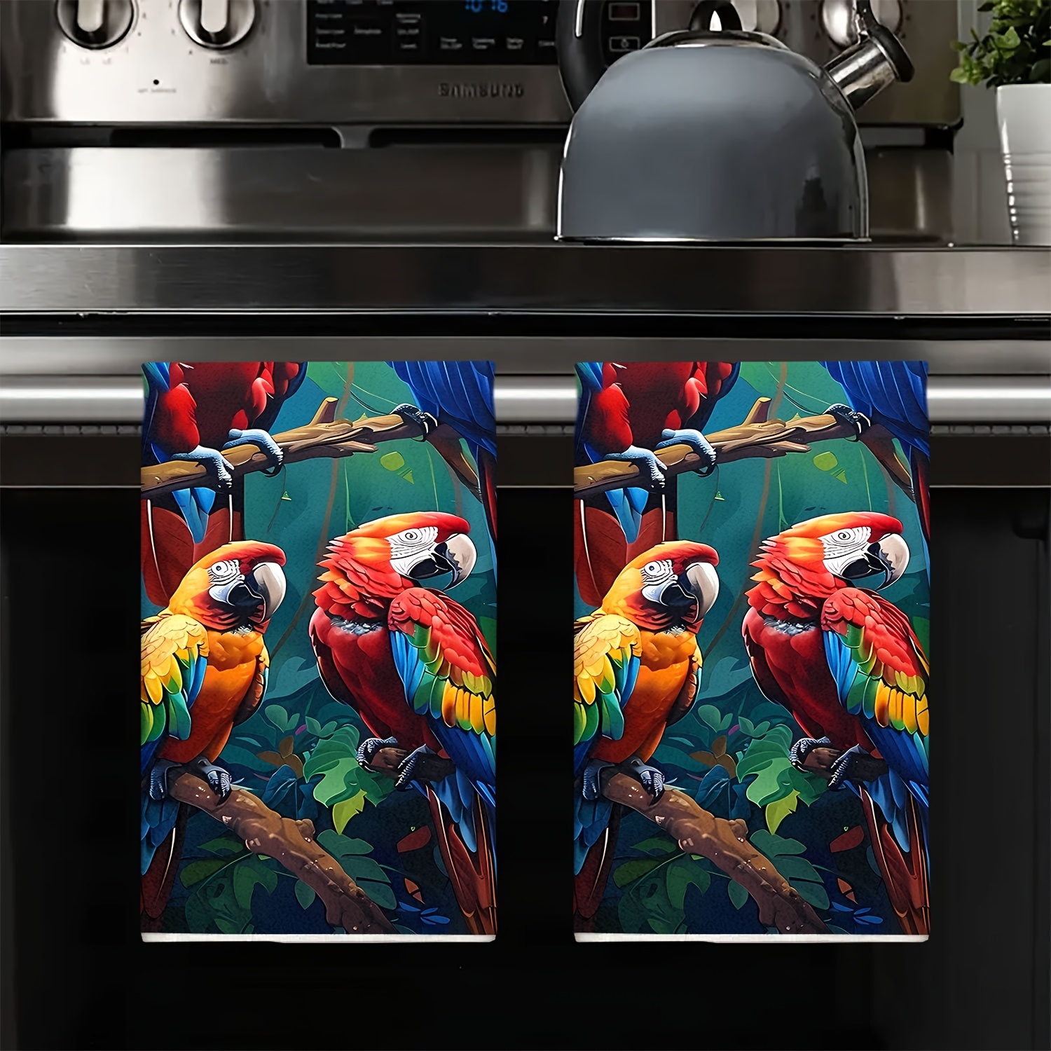 TEMU 2pcs Vibrant Parrot & Tropical Plant Hand Towels - Colorful Polyester Kitchen Decor, Absorbent And Machine Washable, Ideal For Cooking, Baking,