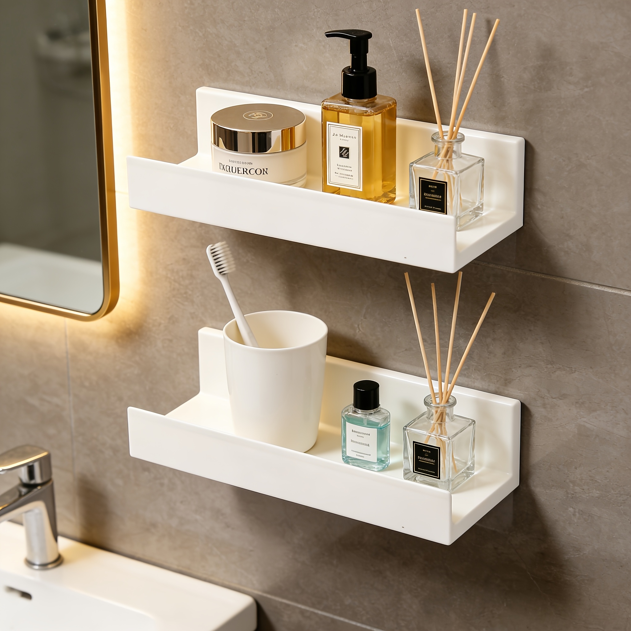TEMU 2pcs Set Self-adhesive Wall-mounted Shelves - Adjustable Length Storage Rack, Durable Plastic Bathroom And Kitchen Organizer, Suitable For