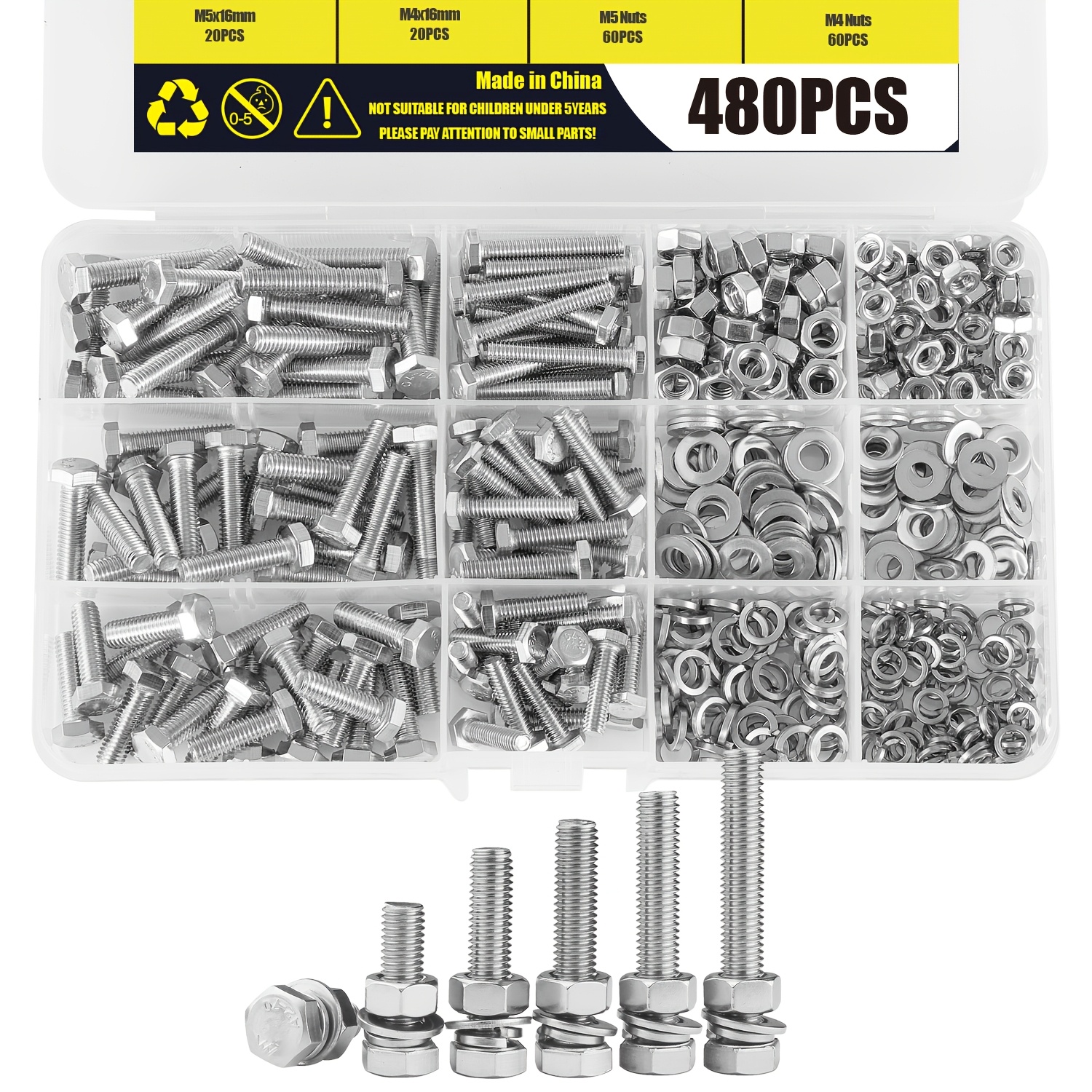 

480pcs Stainless Steel Hex Head Bolt And Nut Assortment Set - M4 M5 Hexagonal Nuts With Washers, Kit For Applications