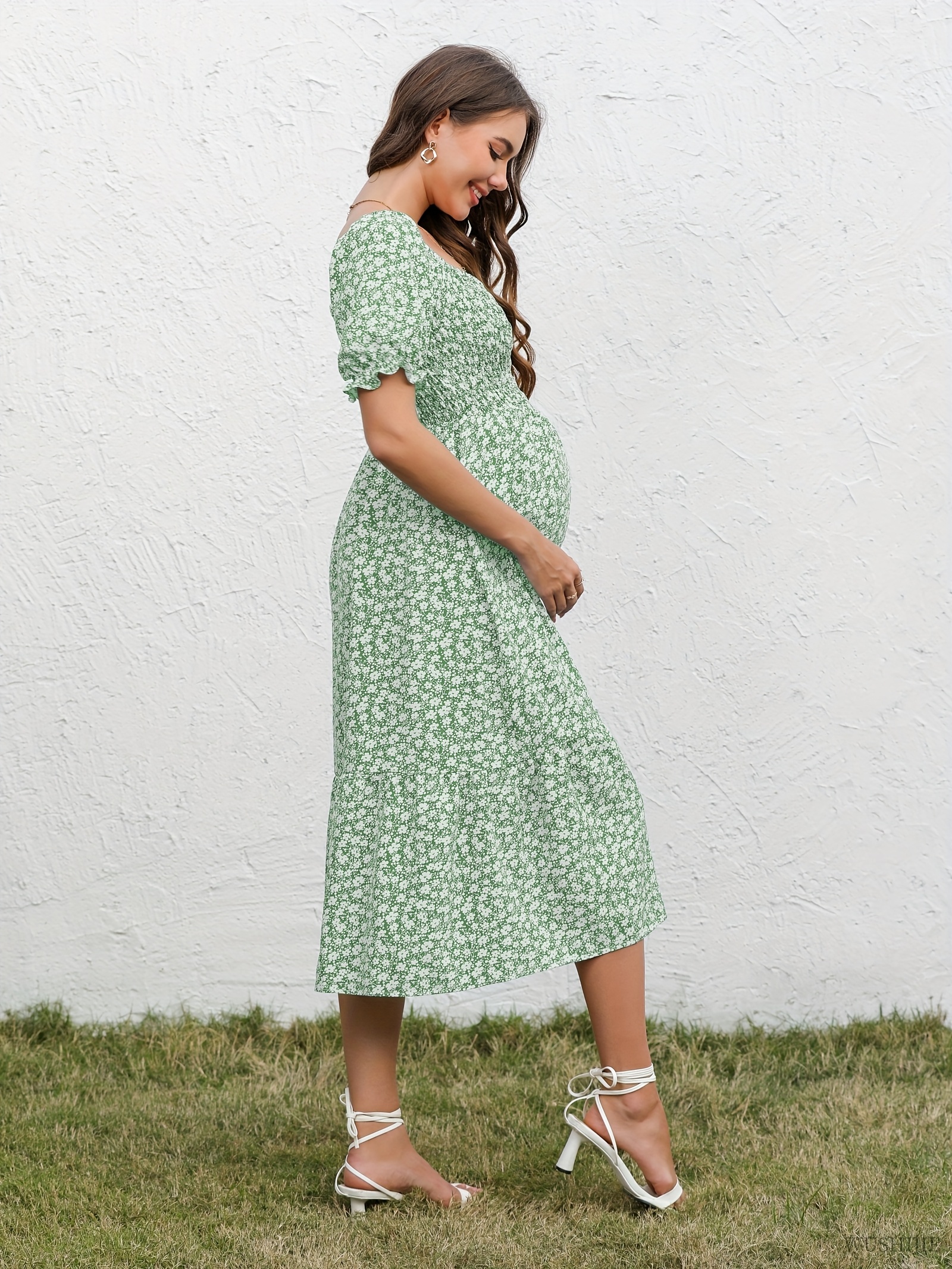 white christmas dresses Daisy Romantic Cream Print Maternity Baby Shower Dress