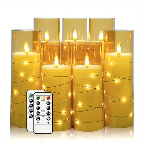 kokaya 7 sets of flameless led candles with remote control realistic flickering battery powered cylindrical candles and starlight string suitable for christmas halloween weddings home decoration