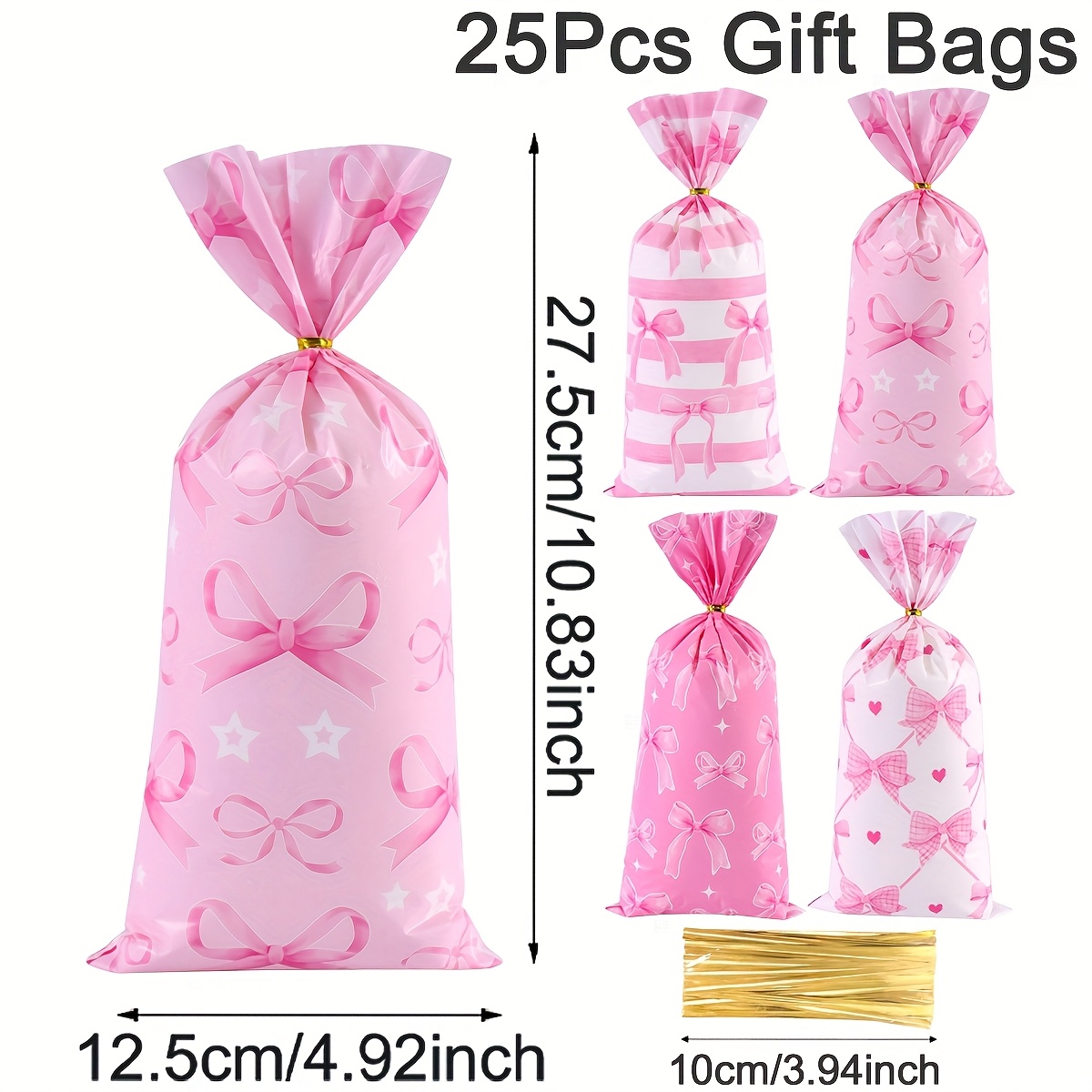 TEMU 25/50pcs Pink White Bow Gift Bags | Bow Knot Cellophane Treat Bags, Suitable For Birthday Parties, Holiday Decorations, Valentine's Day,