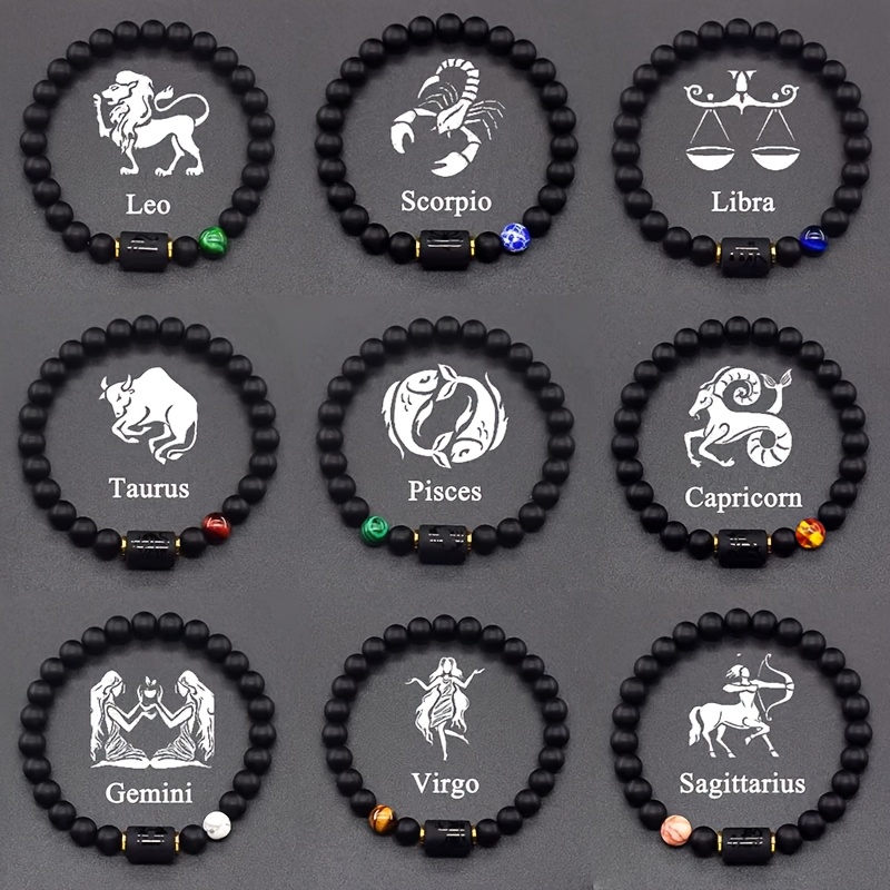 Natural Stone Elastic Bracelet - 12 Zodiac Signs, Card Design for Couples, Perfect Valentine's Day or Birthday Gift