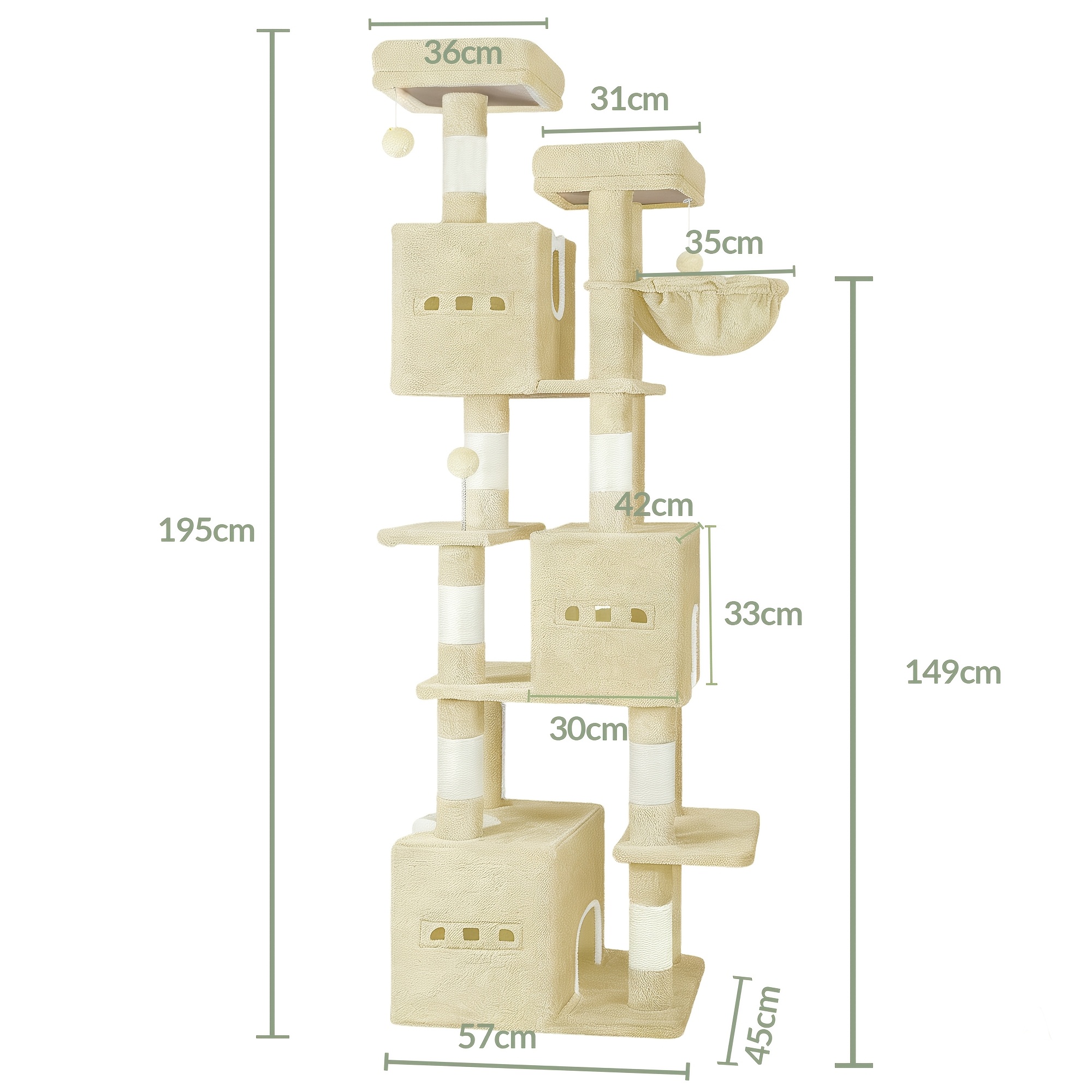 Image of 195cm Large Indoor Cat Tree, -tier Climbing Frame, 7 Sisal Posts, 3 Cat Houses, Dual Platforms, Cat Basket, Sturdy, Scratch-resistant And Easy To Clean, Suitable For Multi-cat Households