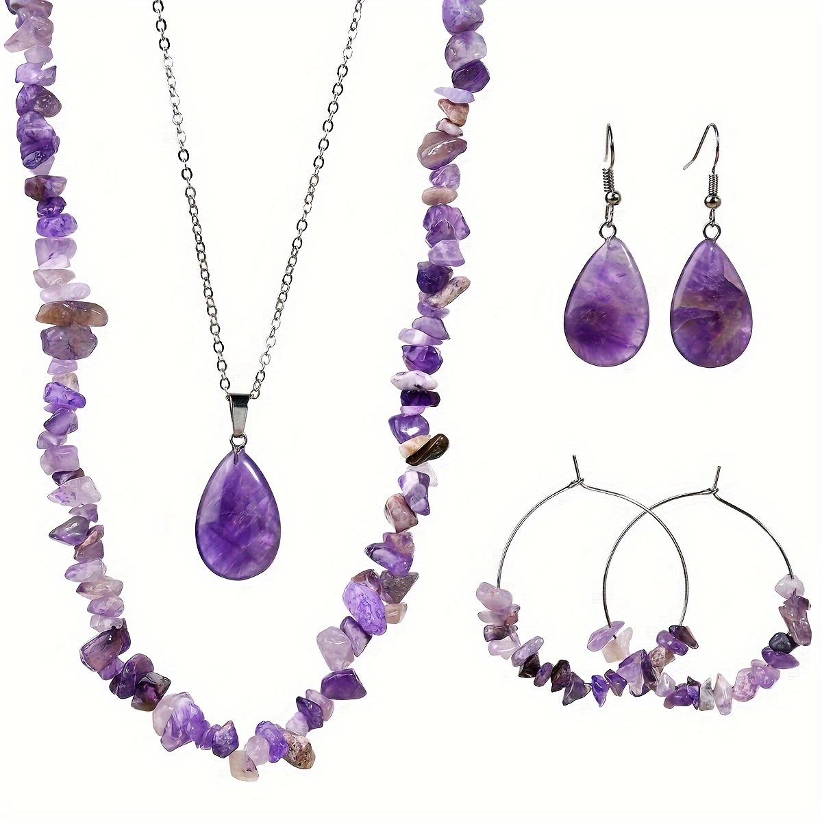 E-shop Natursteinfarbe variiert zufällig. 6-teiliges Set aus unregelmäßiger Amethyst-Halskette Ohrringen, böhmischer Stil, geeignet für den , Feste als