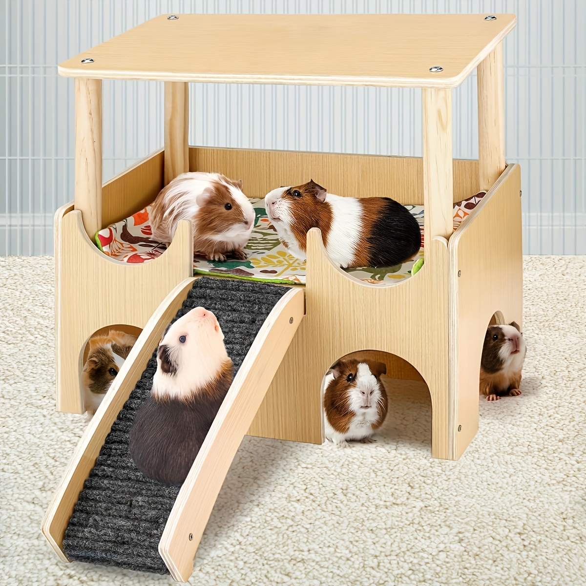 

Wooden Guinea Pig House - Hamster Hideaway Toy, Solid Wood Small Animal With Stairs, Seasonal Universal Pet Bed, With Detachable Polyester Fiber Filling, For All