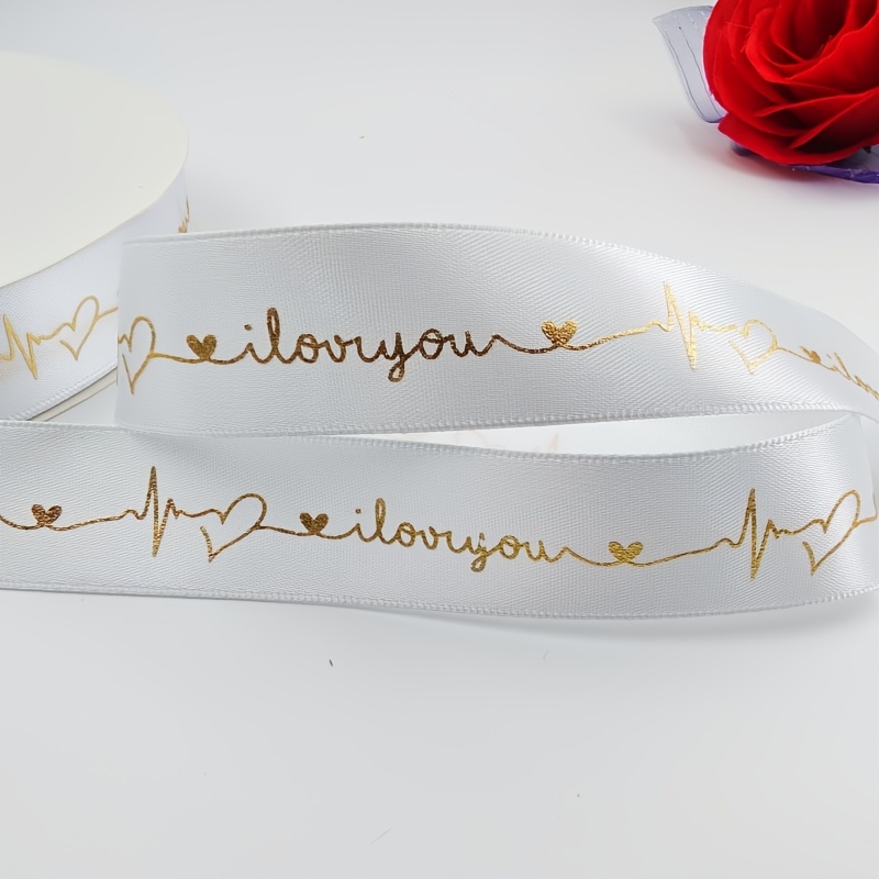 Image of 1pc, Printed Golden Letter Polyester Ribbon 5 Yards, Wedding Candy Gift Box Packaging Ribbon, Valentine's Day Flower Packaging Cake Gift Ribbon, Bouquet Ribbon, Flower Packaging Craft Supplies