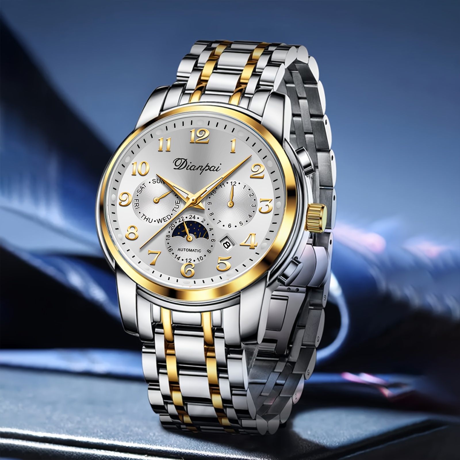 Elegant Men' Wristwatch, Roman Dial, Moon Phase Function, Stainless Steel Business Watch