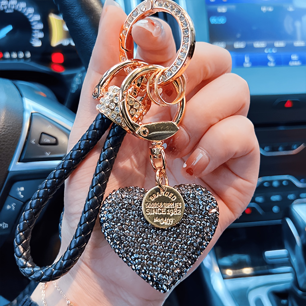 TEMU Porte-clés Cœur Diamant Complet, un accessoire de transport durable et élégant, porte-clés de voiture, corde de porte-clés de voiture, pendentif