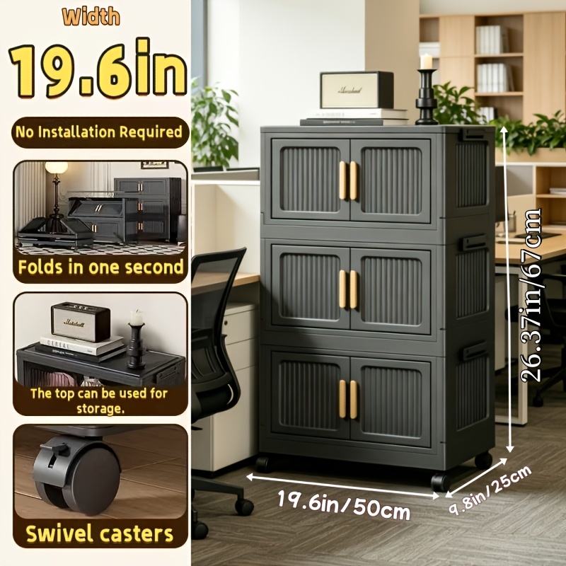 TEMU 3/4/5 Tier Foldable Storage Cabinet With Lid & Wheels, No , Double Door Floor Standing Organizer, Multifunctional File & Miscellaneous Storage