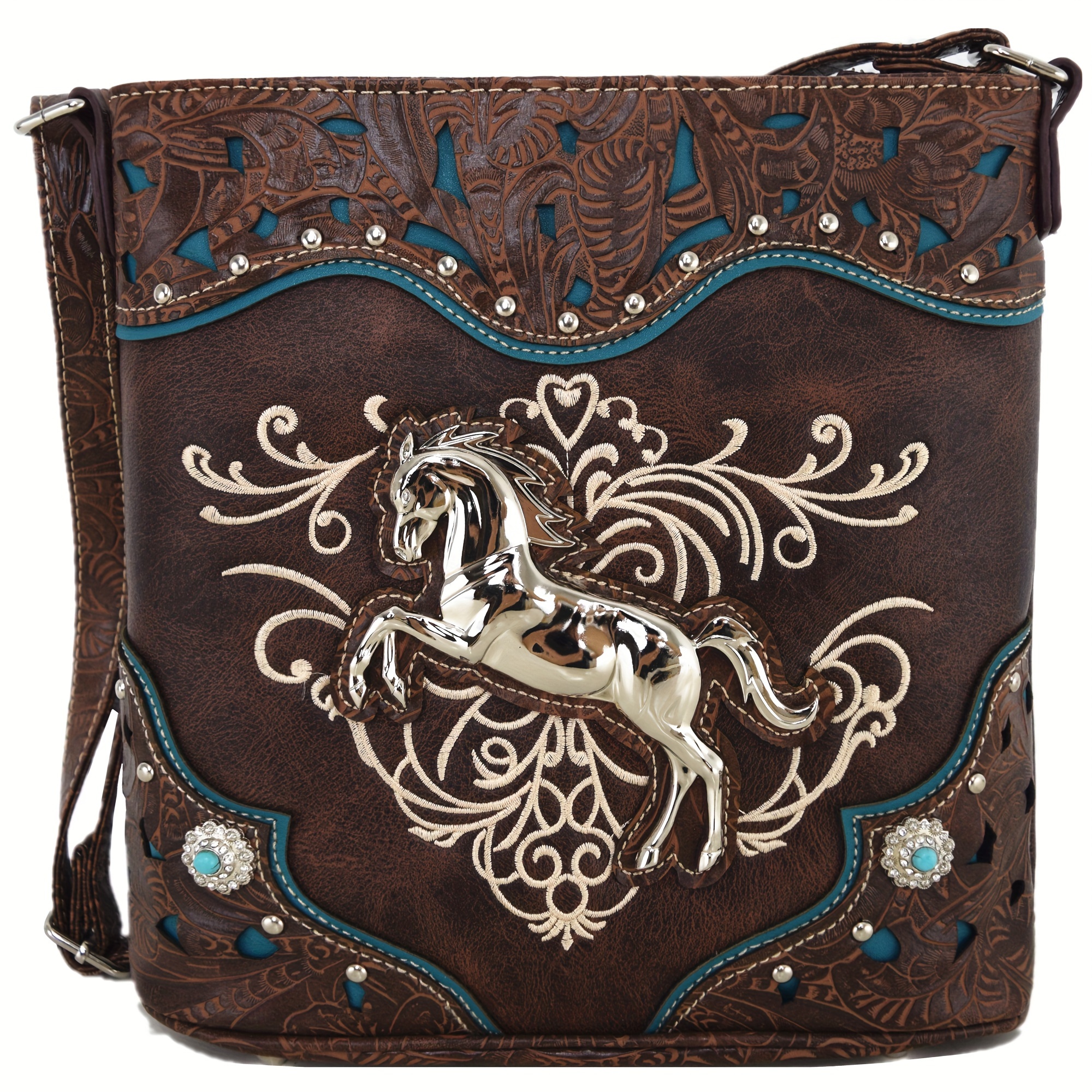 

Western Style Horse Wallet Embroidered With Flowers, Rhinestones, Studs, Crossbody Bag, Cowgirl, 's Shoulder Bag