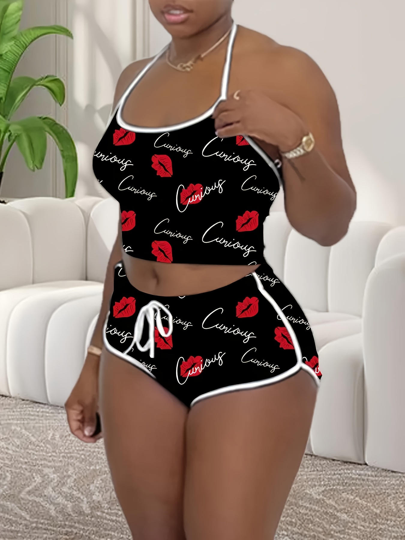 Designer Lip Print Cami Top and Shorts Pajama Set