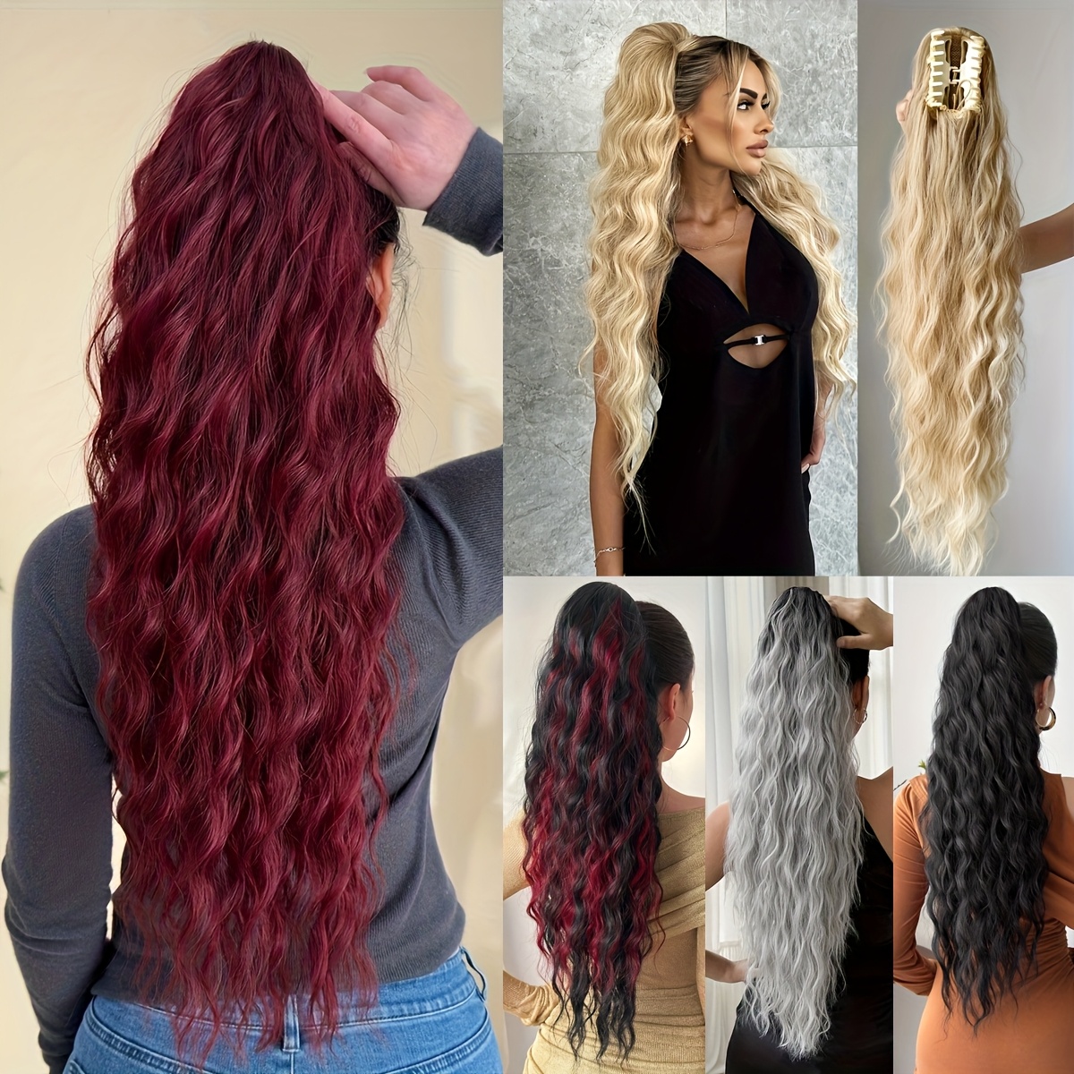 Red Ponytail Hair Extensions Synthetic 20 Inch 2 Pack Wavy Festival Accessories YEESHEDO Ginger Long Wavy Ponytail Hair Extension 24 Inches  main image 3