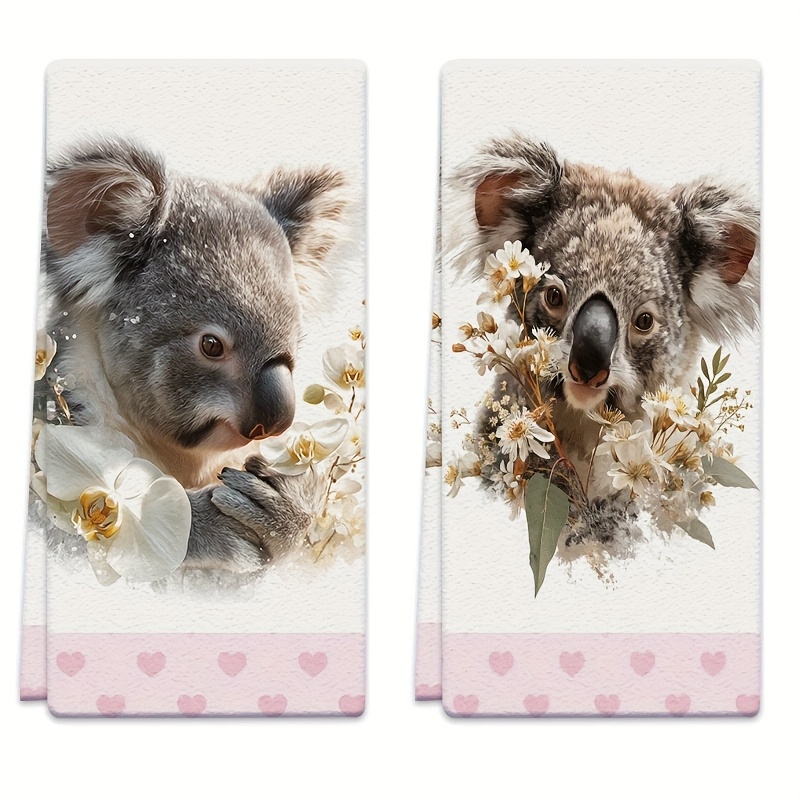 TEMU 2pcs 2pcs Pack Rectangular Dish Towels Suitable & Bath, Koala & Floral Print Microfiber Cloths With Koala, Flower Patterns, Absorbent For