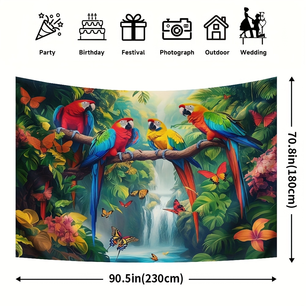 TEMU 1pc Large Tropical Parrots & Polyester Banner, Jungle Scene, Universal Holiday Decor, Easy To Hang, No Power Needed, Versatile Occasion Display