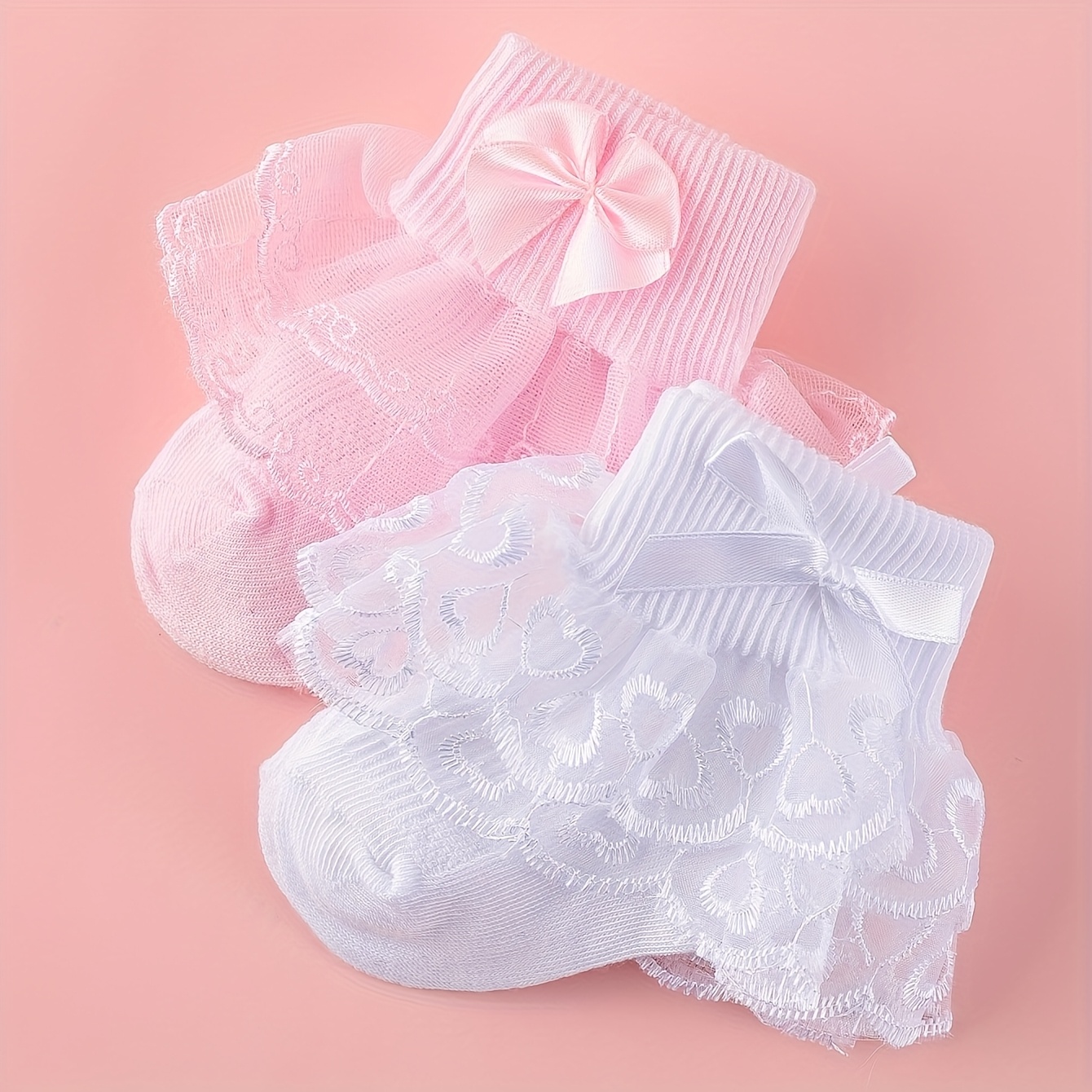 Image of Of Solid Color Lace Socks For Girls, Featuring Bows And Hearts, Suitable For Infants And Toddlers