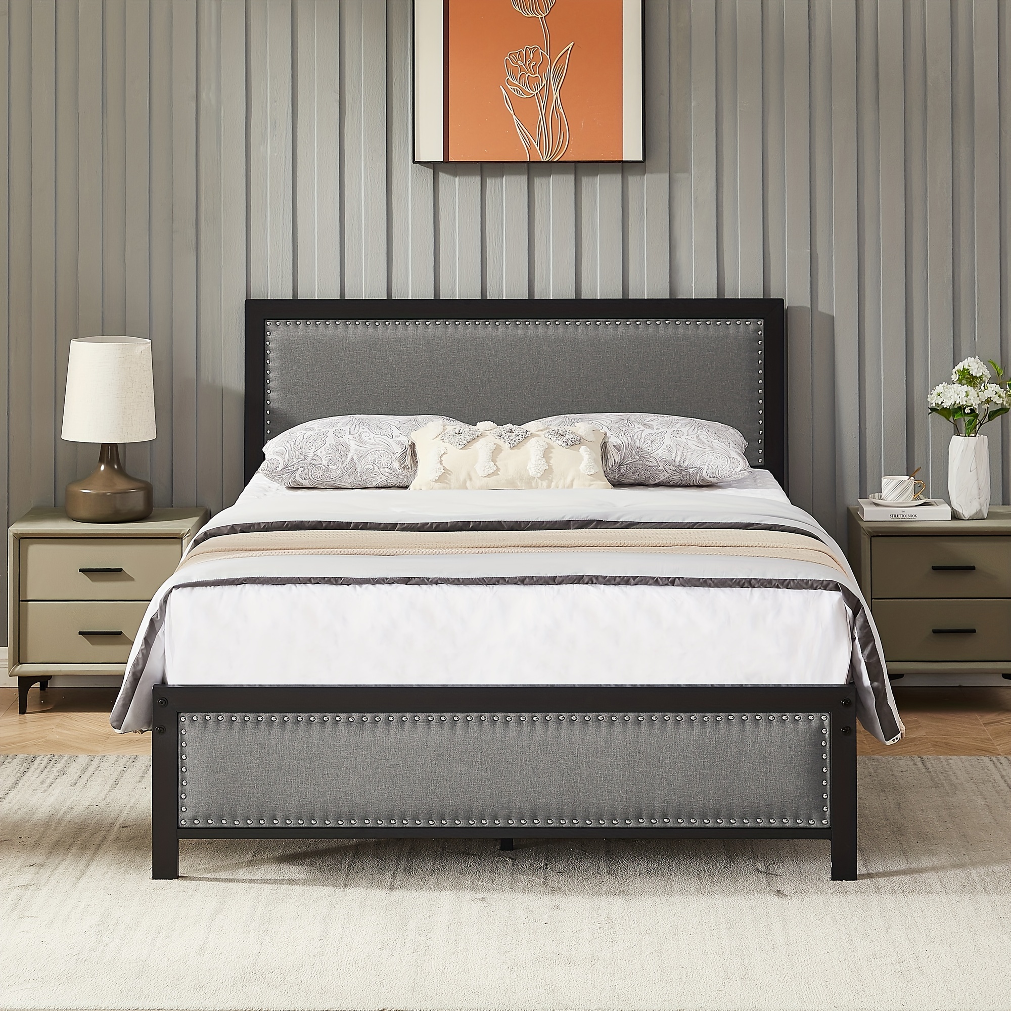 

Vecelo Upholstered Platform Bed Headboard And Footboard, No Box Spring Needed, Easy Assembly, Grey