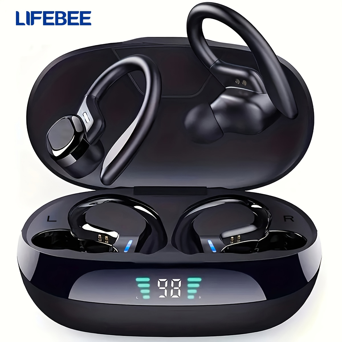 item picture   wireless running earbuds with earhooks wireless headphones for sports dual led display pure   sound built in microphone