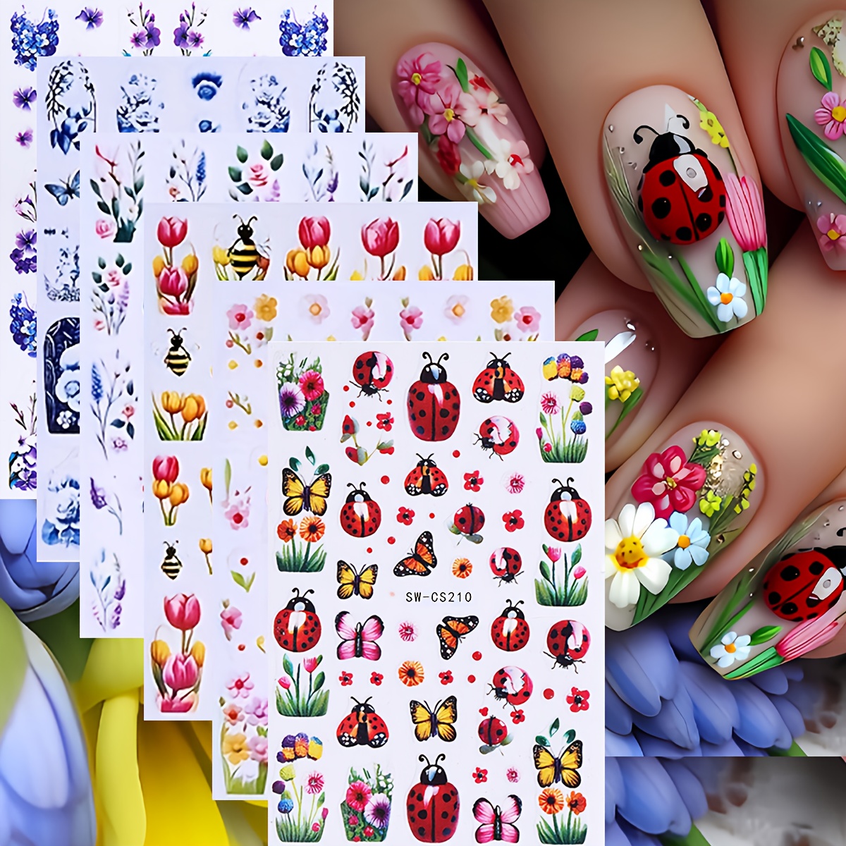 6pcs & Summer Flower Nail Art Stickers - Shiny Bees, Floral, Ladybugs & Butterflies Patterns Design Self-adhesive Nail Art Decals For Women Nail Decoration