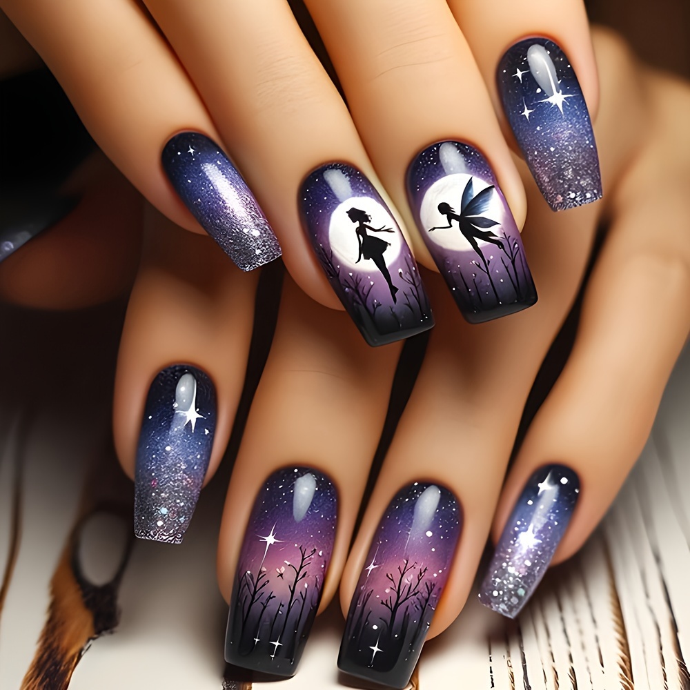 

24pcs Purple Press-on Nails - Medium , Reusable Fake Nails With Fairy & Moon Design For Women