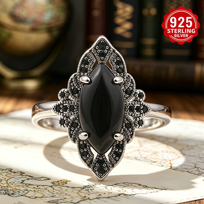 Image of 925 Sterling Silver A Beautiful Ladies' Fashionable Ring, Elegant And Fashionable, Set With Black Agate. A High-quality Ladies' Jewelry Ring With An Exquisite , Suitable For Vacation Trips, Daily Wear