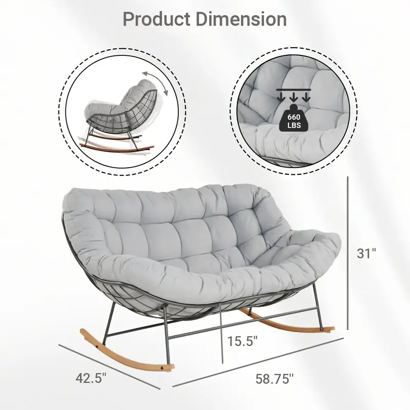 2 person oversized rocking chair with e coated thick cushion weather resistant durable outdoor papasan loveseat easy assembly for patio porch deck manual recliner with open patio furniture porch seating cozy seating sturdy construction comfortable seating patio Product details 1