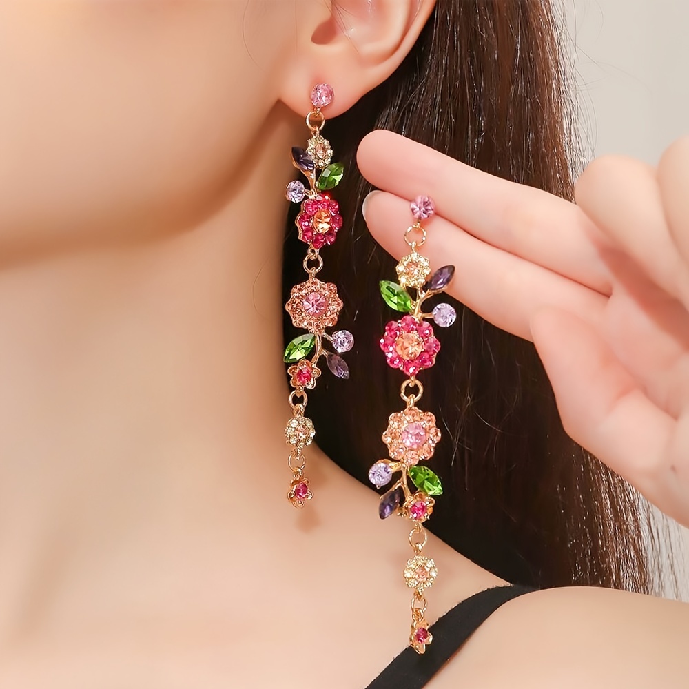 

Exquisite Flower Design Full Artificial Crystal Inlaid Long Dangle Earrings Elegant Pastoral Style Delicate Female Gift