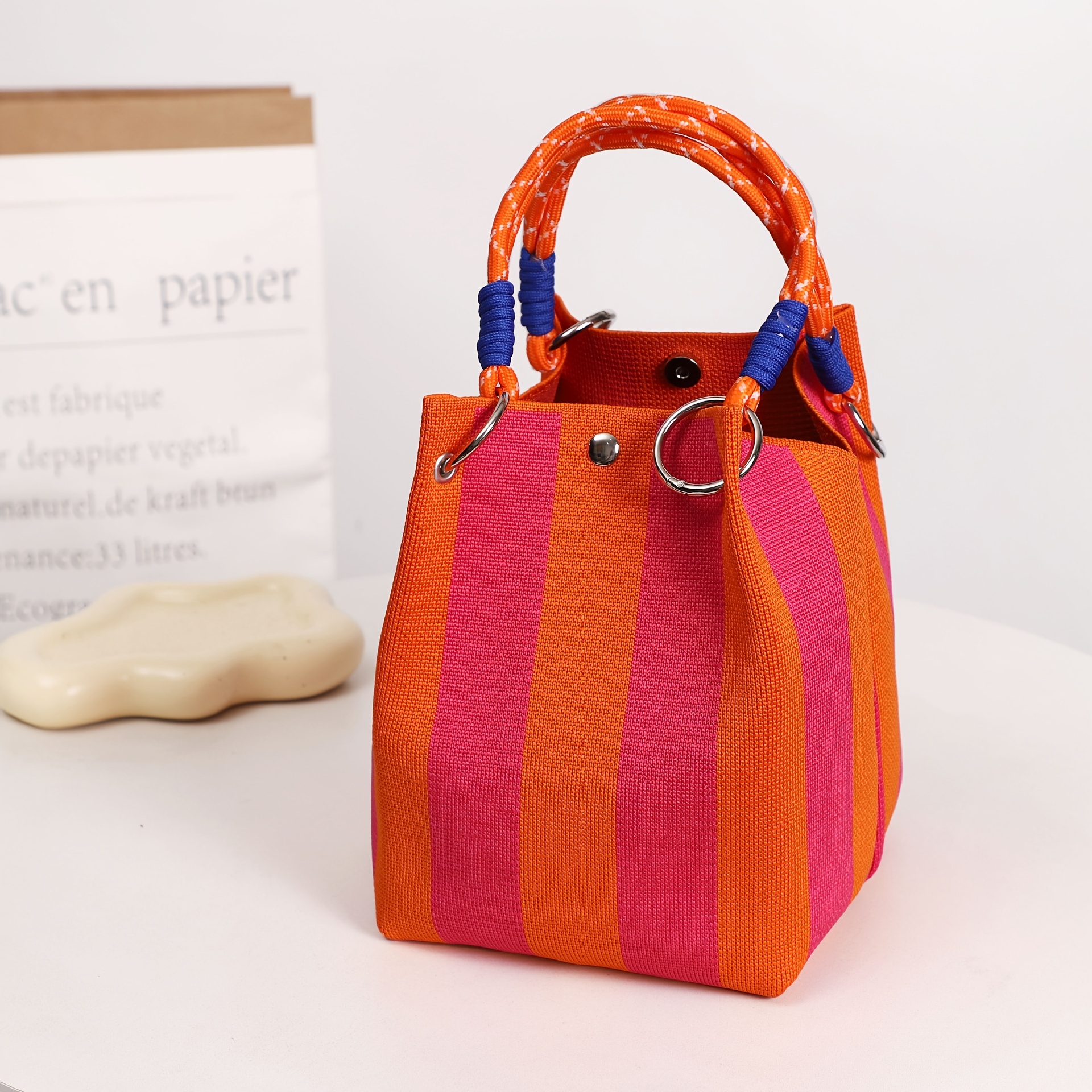 TEMU Bolso de vintage para mujer con bloques de color - Bolso tote de gran capacidad con cierre a presión y correa de fija, multicolores, duradero,